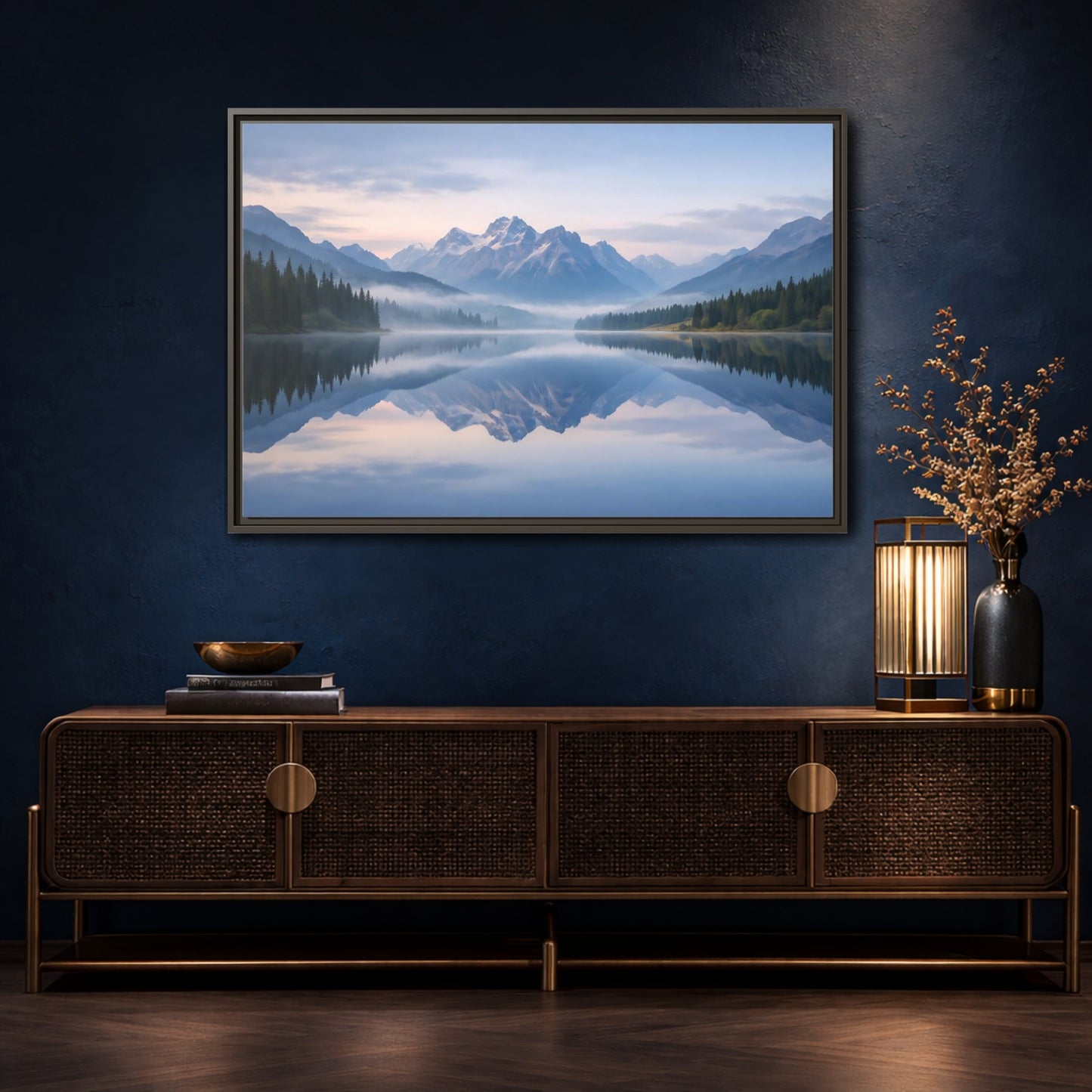 Mockup 4. Nature Mountain Lake Misty Mountain Lake shown as stretched canvas wall art