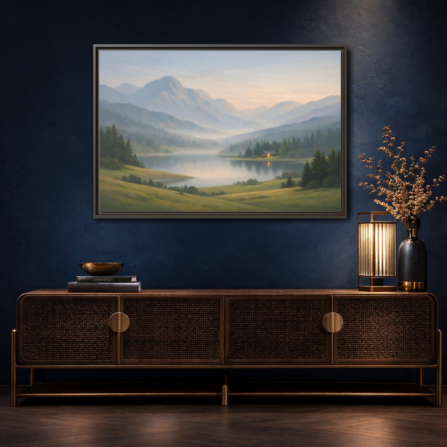 Mockup 4. Nature Mountain Lake Misty Mountain Lake shown as stretched canvas wall art