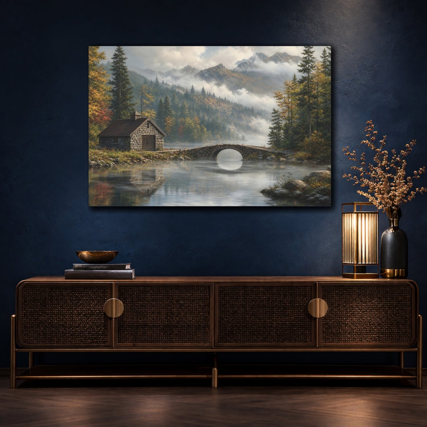Mockup 4. Nature Mountain Lake Misty Mountain Lake shown as stretched canvas wall art
