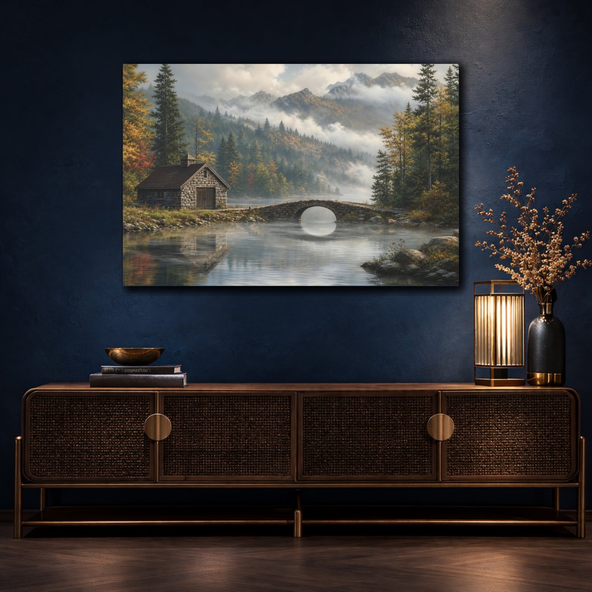 Mockup 4. Nature Mountain Lake Misty Mountain Lake shown as stretched canvas wall art