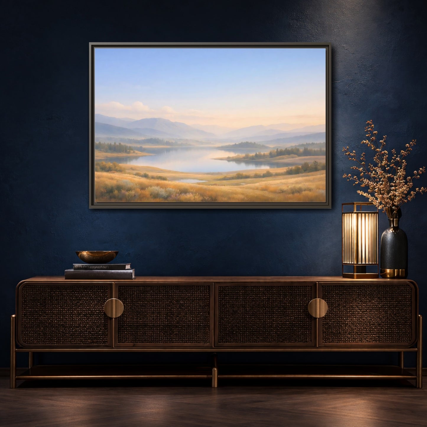 Mockup 4. Nature Mountain Lake Misty Mountain Lake shown as stretched canvas wall art