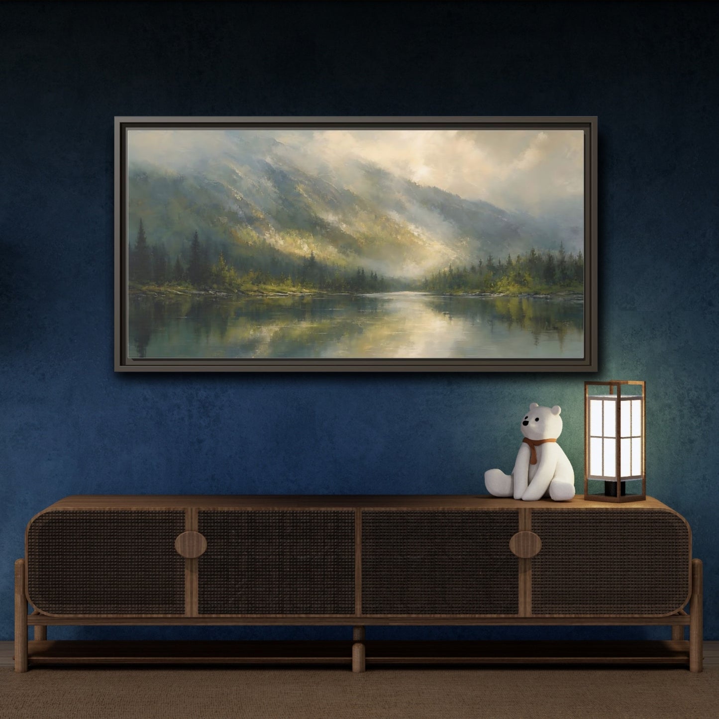 Mockup 4. Nature Mountain Lake Misty Mountain Lake shown as stretched canvas wall art