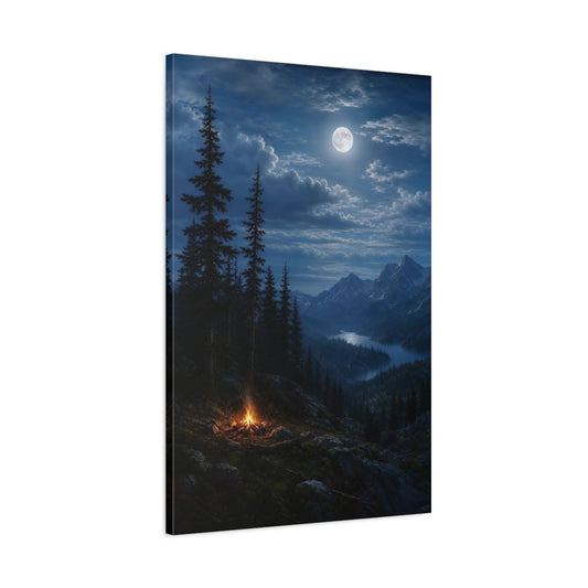 Main Mockup. Nature Mountain Lake Moonlit Night Blue shown as stretched canvas wall art