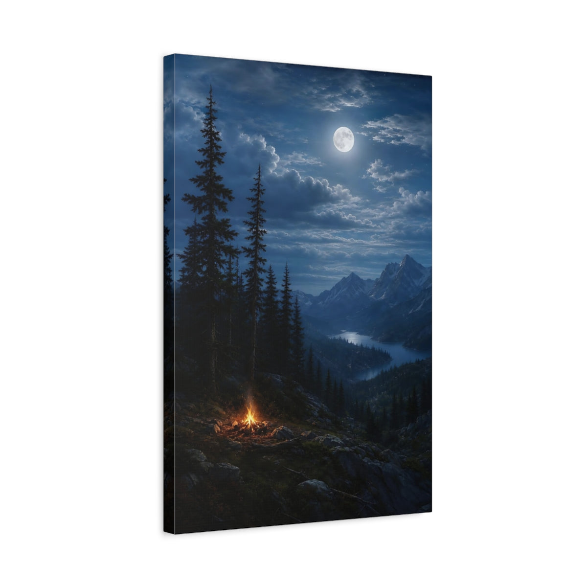 Side Mockup 3. Nature Mountain Lake Moonlit Night Blue shown as stretched canvas wall art