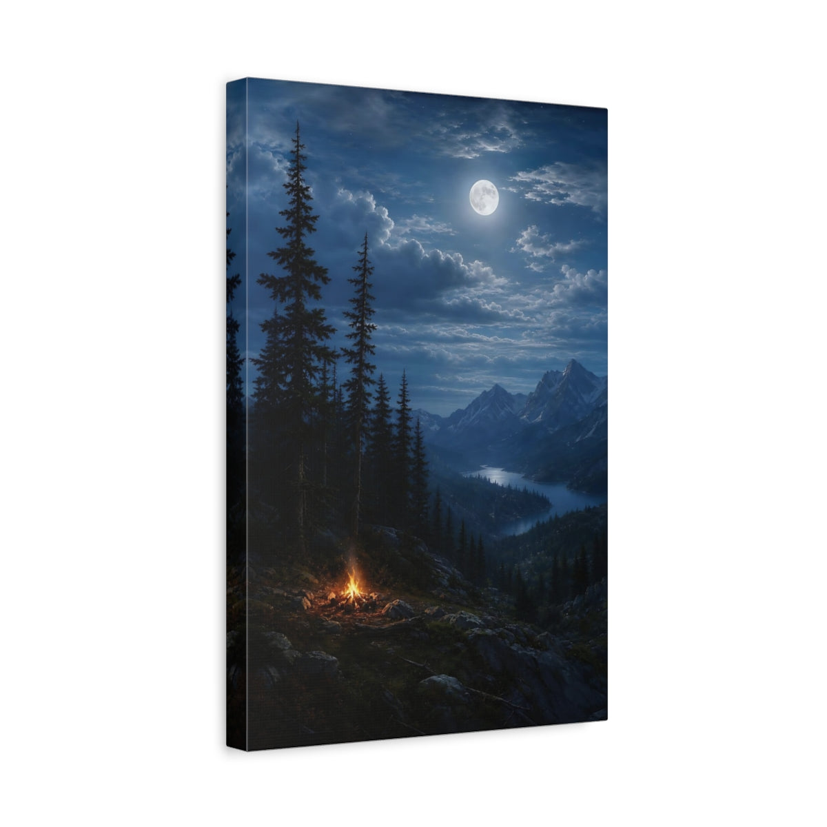 Side Mockup 4. Nature Mountain Lake Moonlit Night Blue shown as stretched canvas wall art