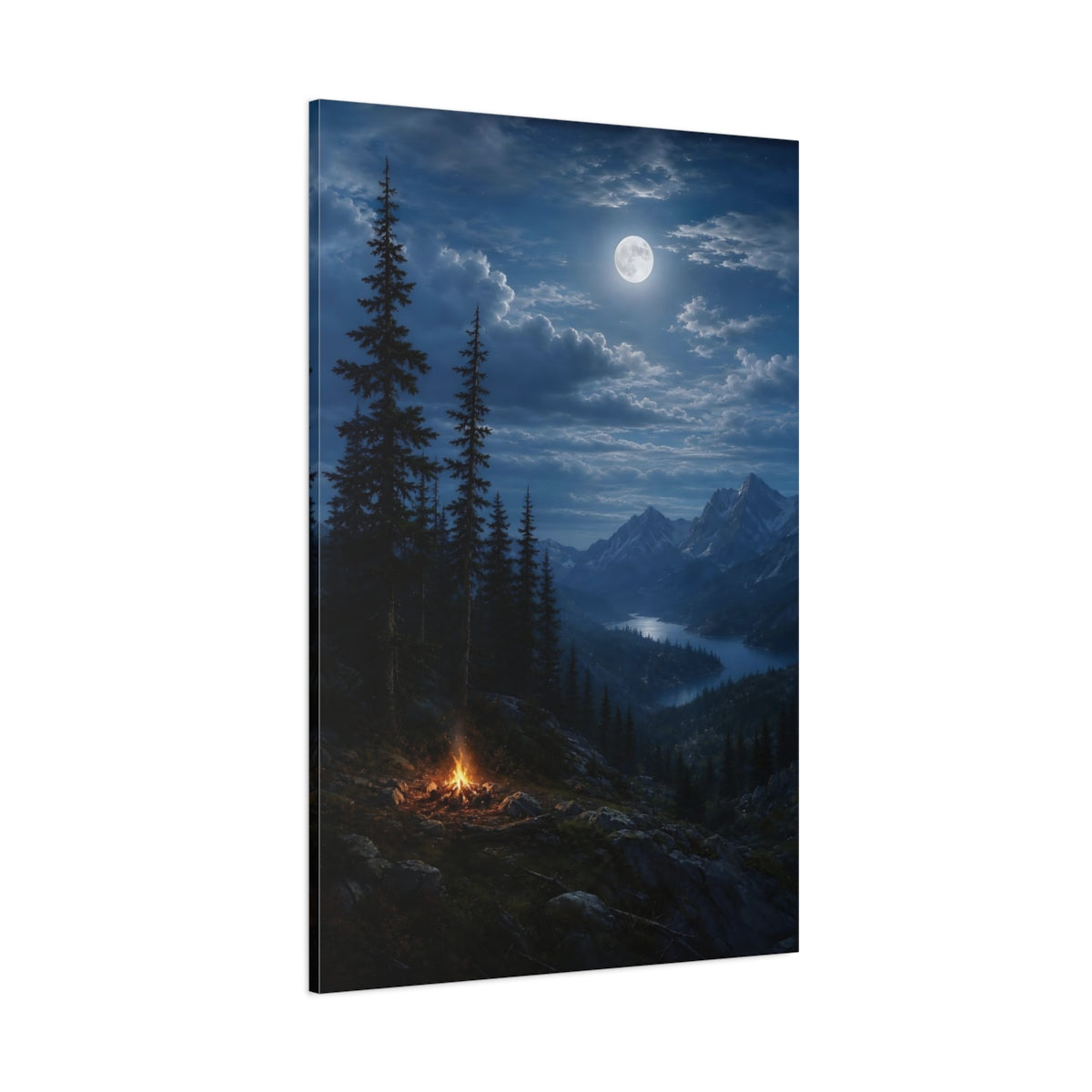 Side Mockup 1. Nature Mountain Lake Moonlit Night Blue shown as stretched canvas wall art
