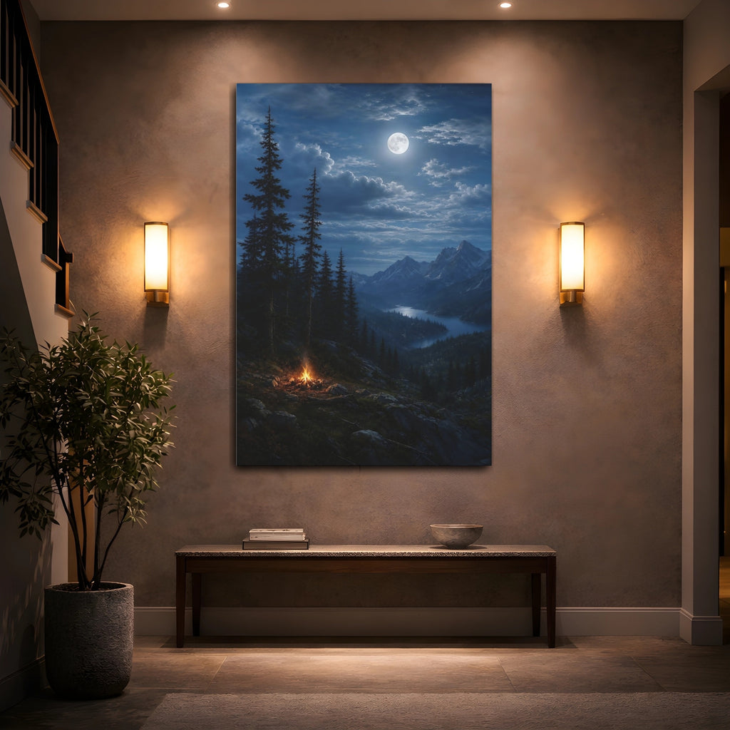 Mockup 2. Nature Mountain Lake Moonlit Night Blue shown as stretched canvas wall art