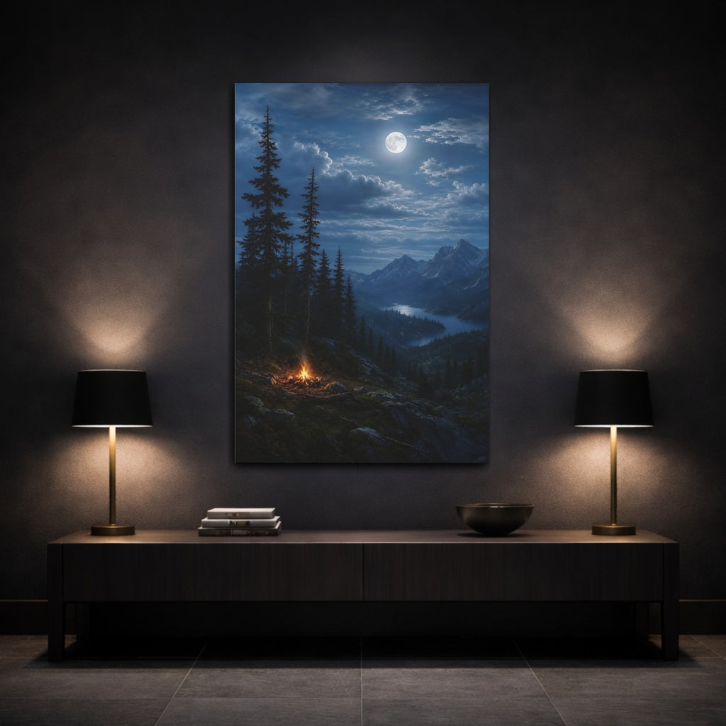 Mockup 3. Nature Mountain Lake Moonlit Night Blue shown as stretched canvas wall art