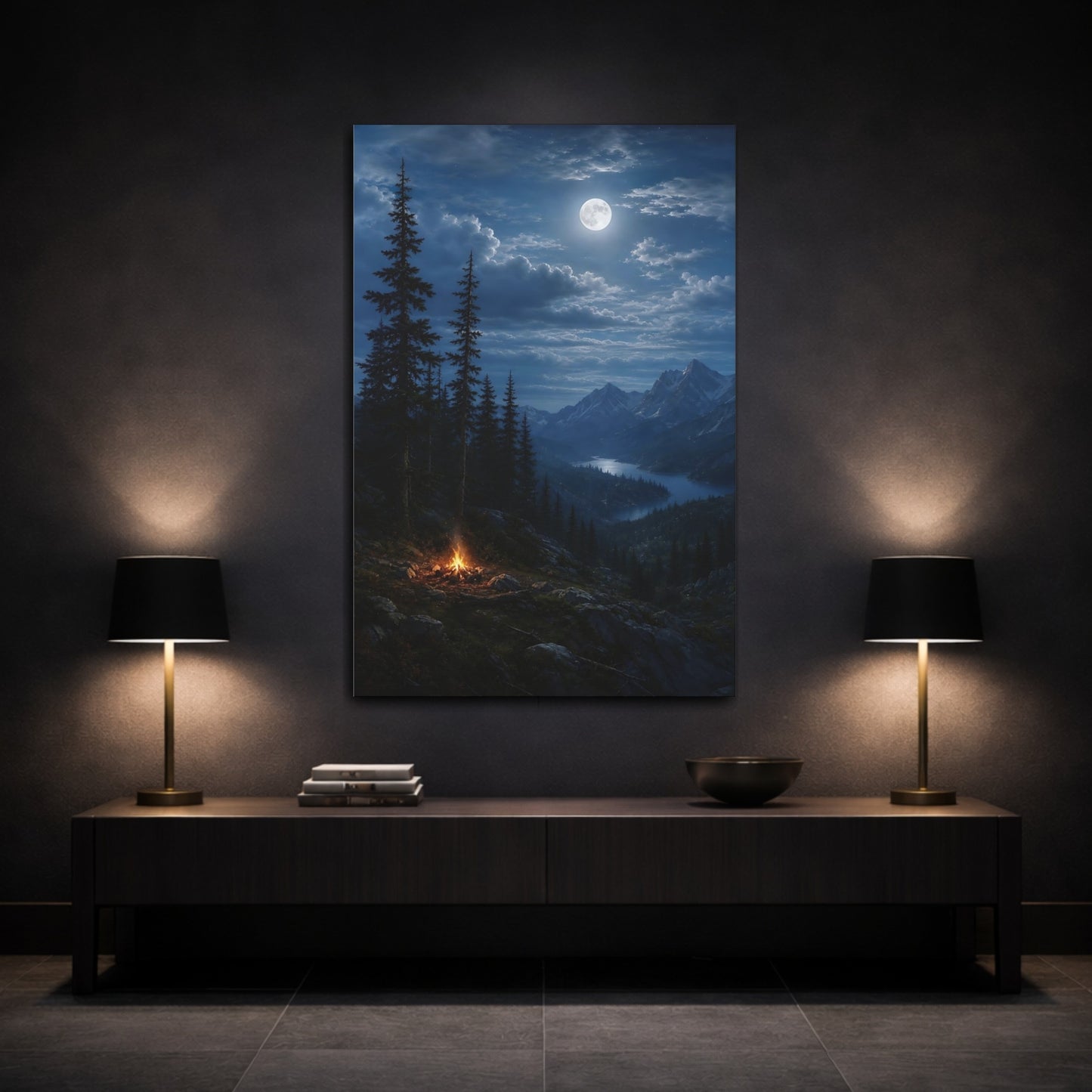 Mockup 3. Nature Mountain Lake Moonlit Night Blue shown as stretched canvas wall art