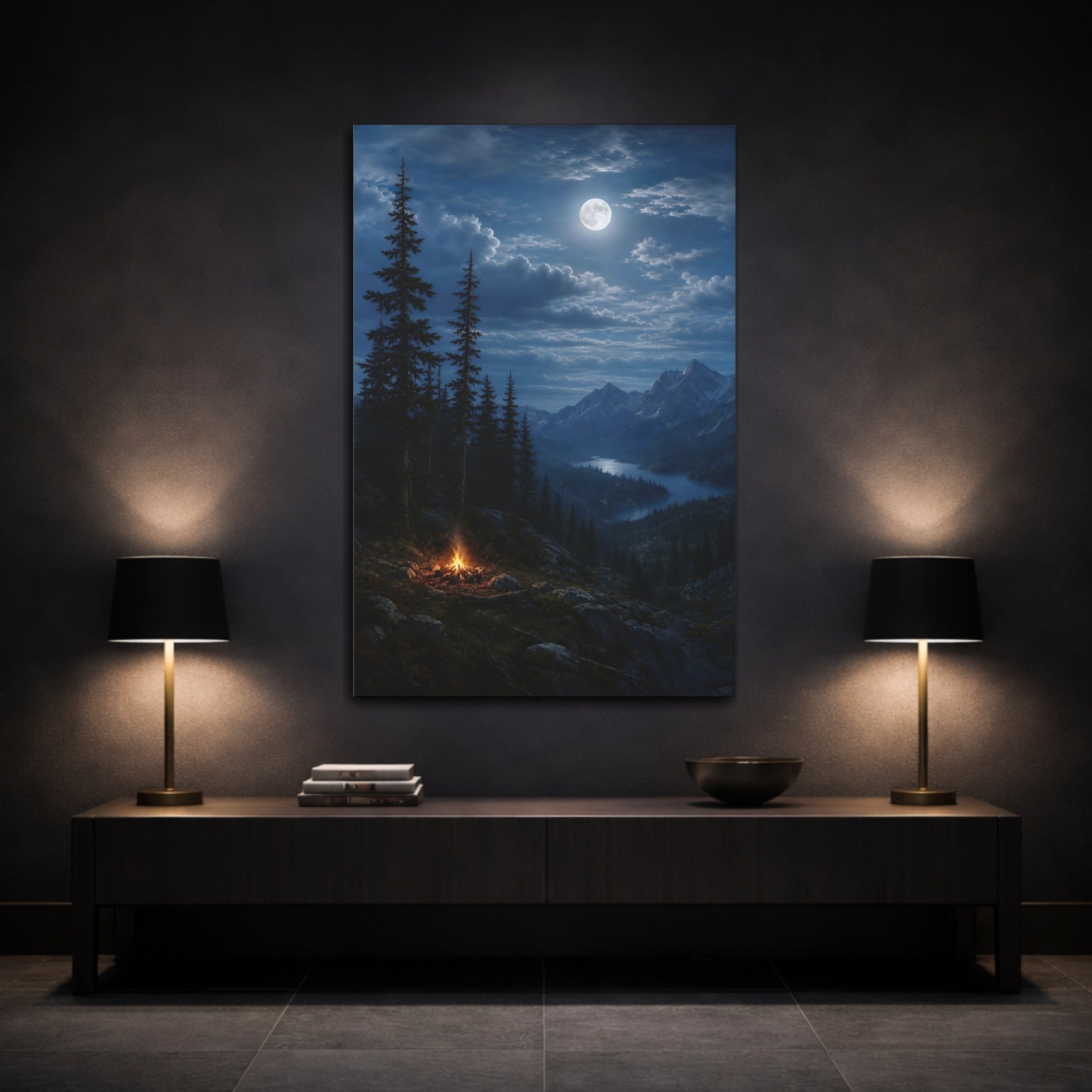 Mockup 3. Nature Mountain Lake Moonlit Night Blue shown as stretched canvas wall art
