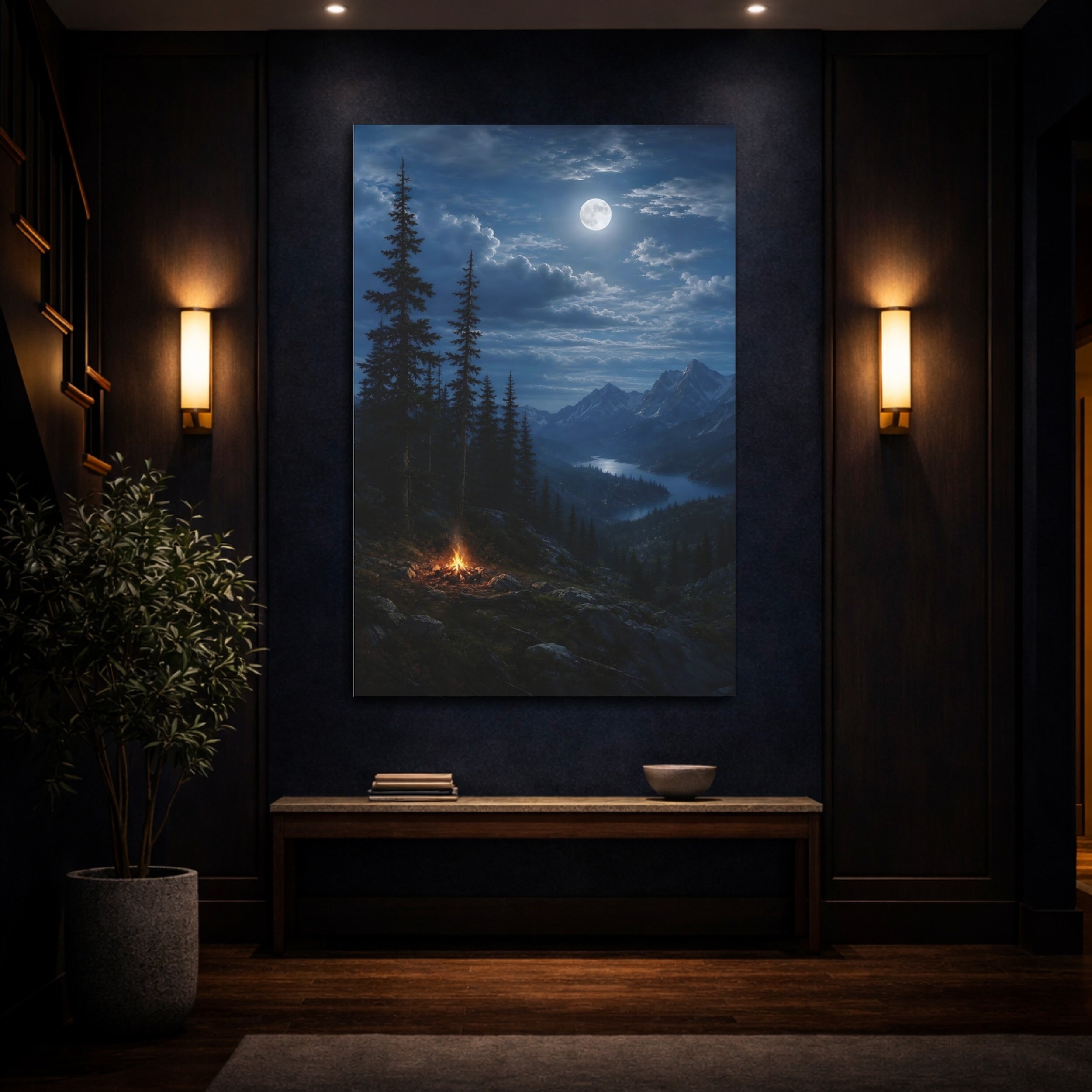 Mockup 4. Nature Mountain Lake Moonlit Night Blue shown as stretched canvas wall art