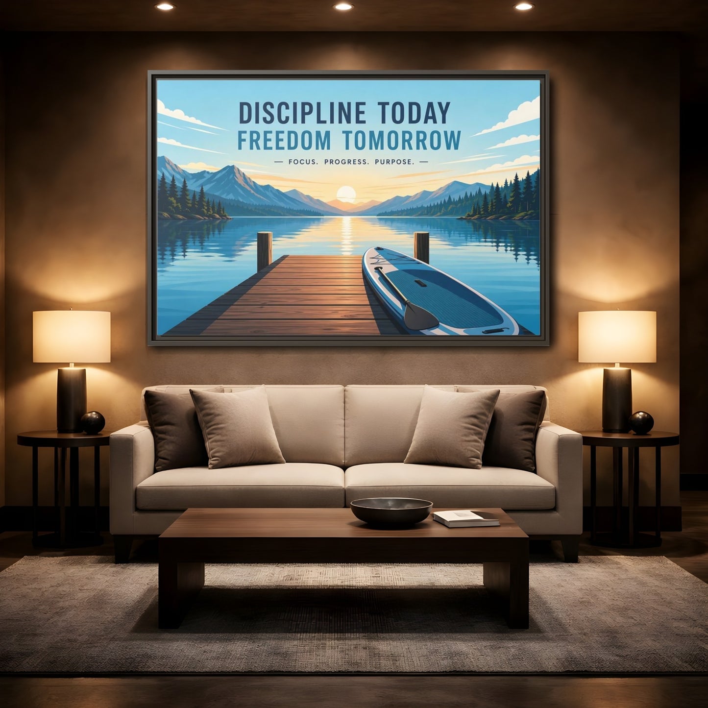 Mockup 2. Nature Mountain Lake Motivational Lake Sunrise shown as framed canvas print