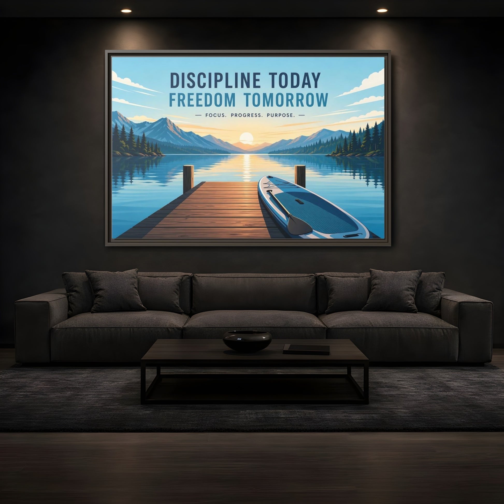 Mockup 3. Nature Mountain Lake Motivational Lake Sunrise shown as framed canvas print