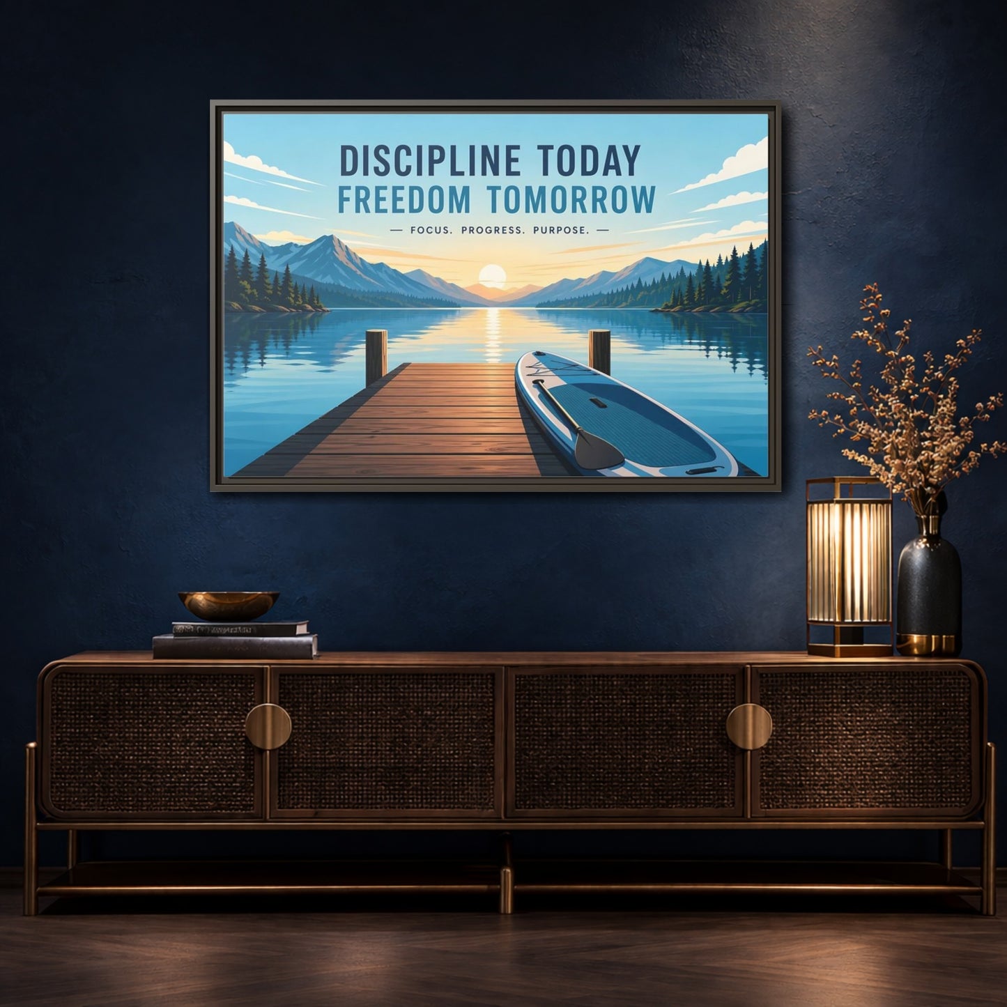 Mockup 4. Nature Mountain Lake Motivational Lake Sunrise shown as framed canvas print