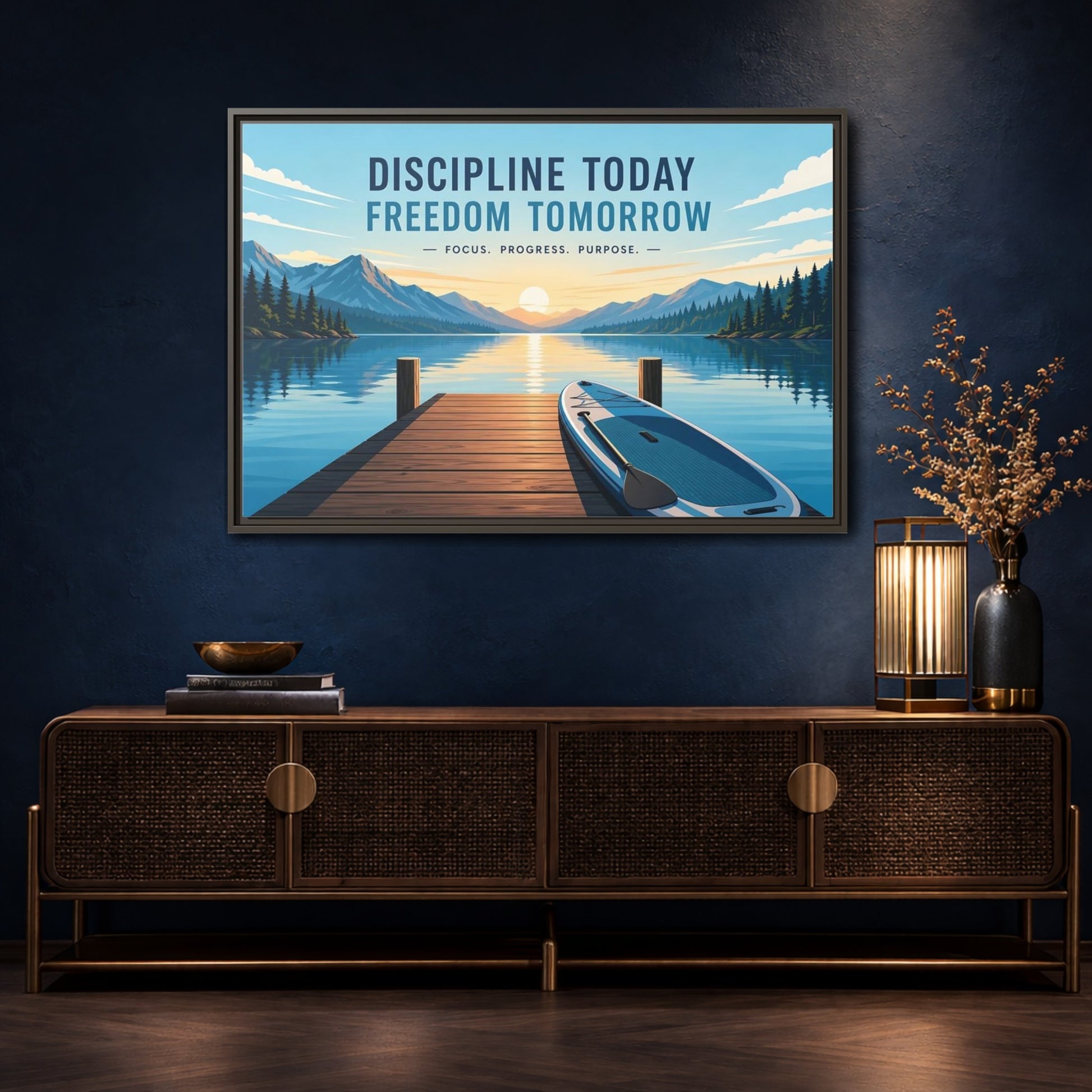 Mockup 4. Nature Mountain Lake Motivational Lake Sunrise shown as framed canvas print