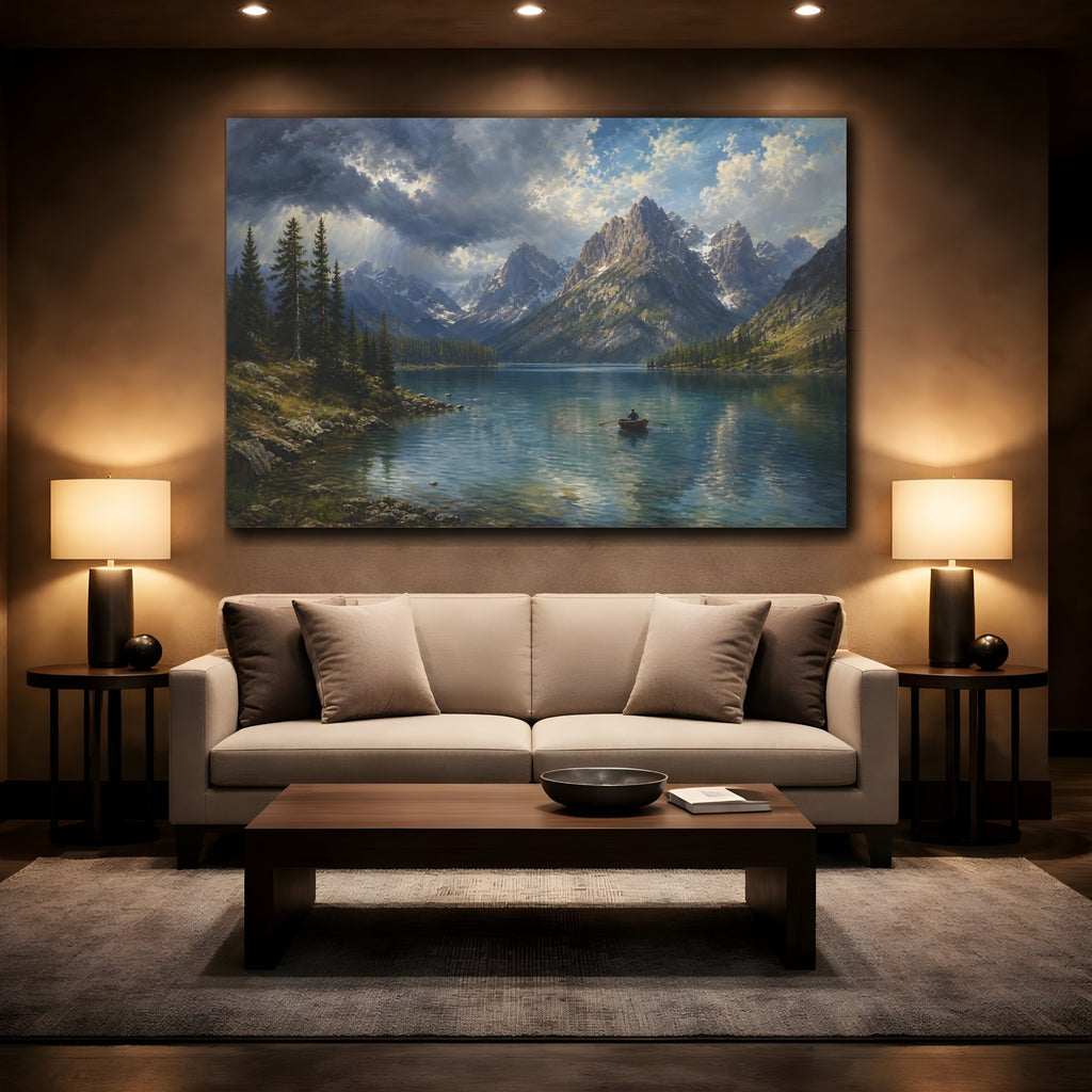 Mockup 2. Nature Mountain Lake Mountain Lake Blue shown as stretched canvas wall art