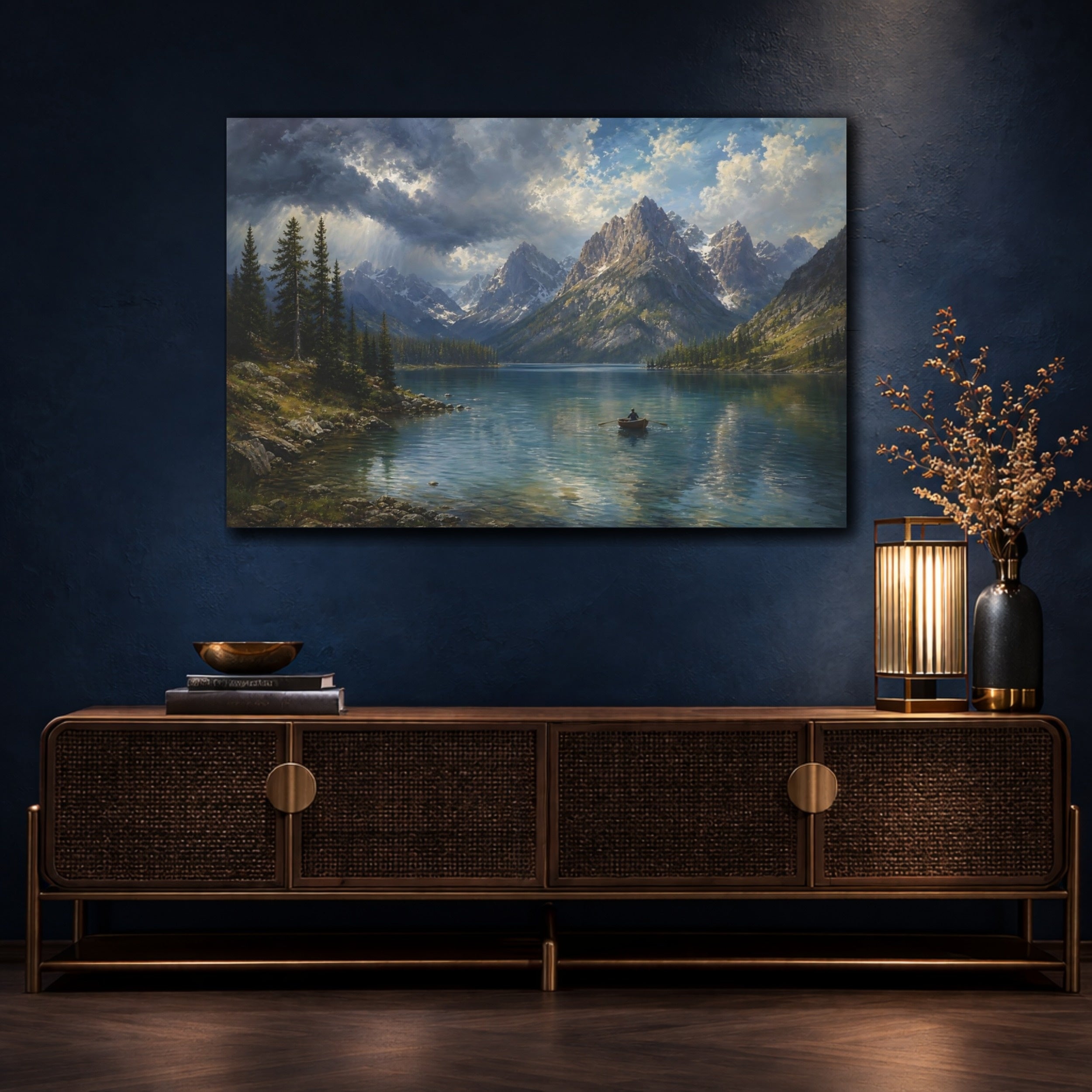 Mockup 4. Nature Mountain Lake Mountain Lake Blue shown as stretched canvas wall art