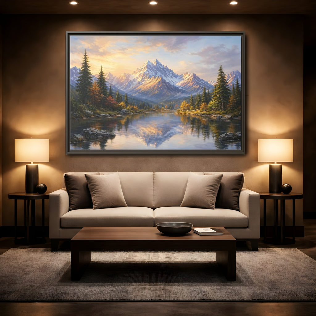 Mockup 2. Nature Mountain Lake Mountain Lake Landscape shown as stretched canvas wall art