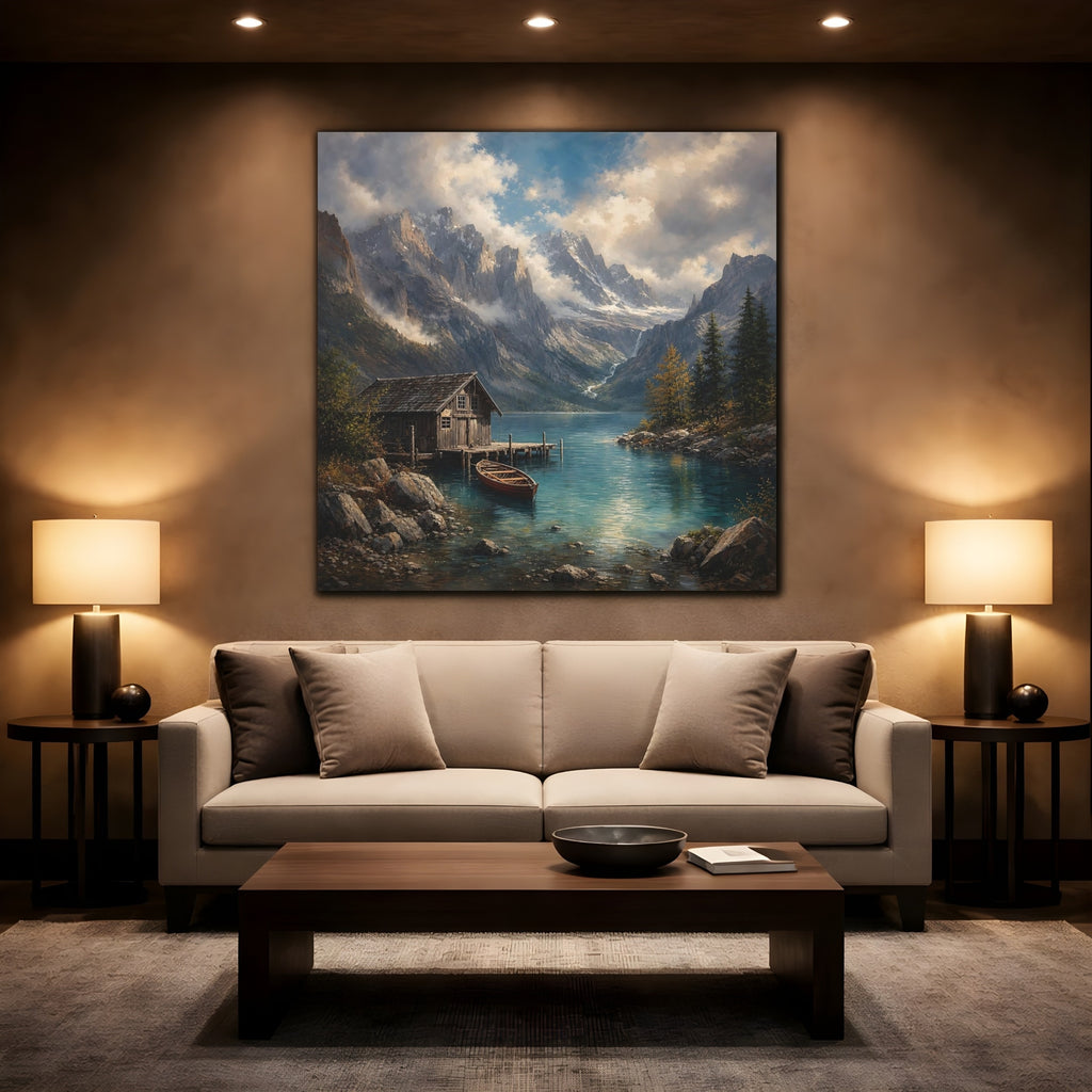 Mockup 2. Nature Mountain Lake Mountain Lake Landscape shown as stretched canvas wall art