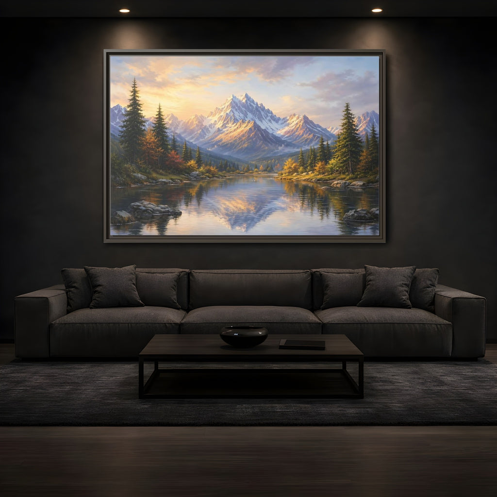 Mockup 3. Nature Mountain Lake Mountain Lake Landscape shown as stretched canvas wall art