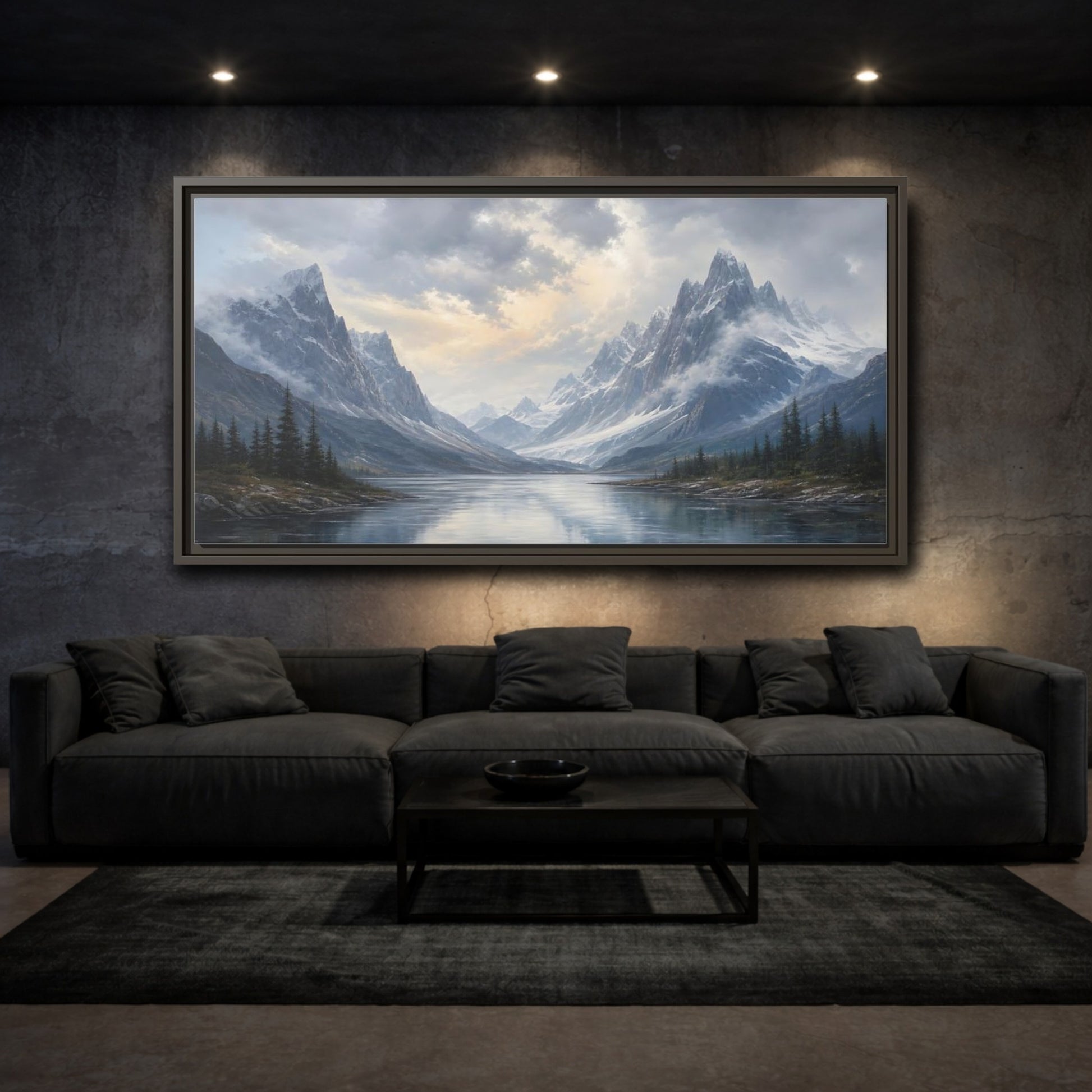 Mockup 3. Nature Mountain Lake Mountain Lake Landscape shown as stretched canvas wall art