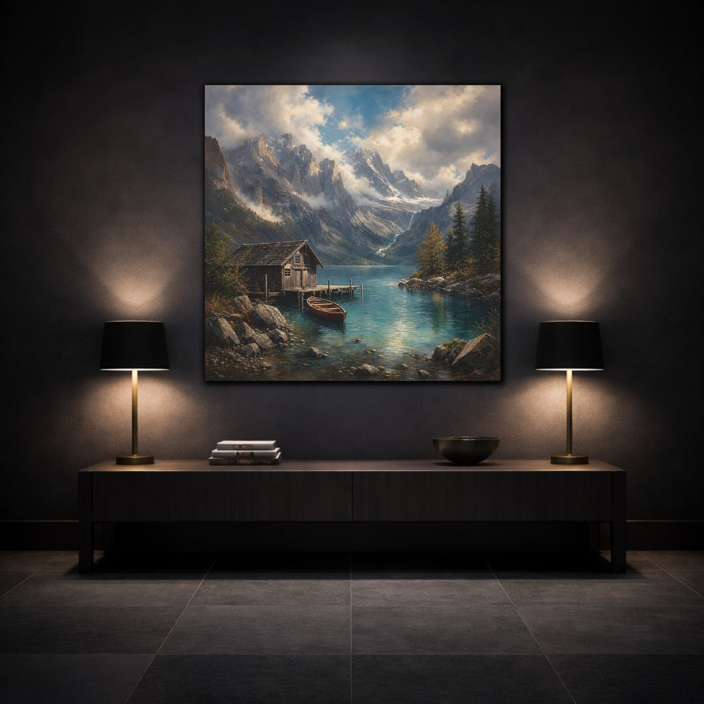 Mockup 3. Nature Mountain Lake Mountain Lake Landscape shown as stretched canvas wall art