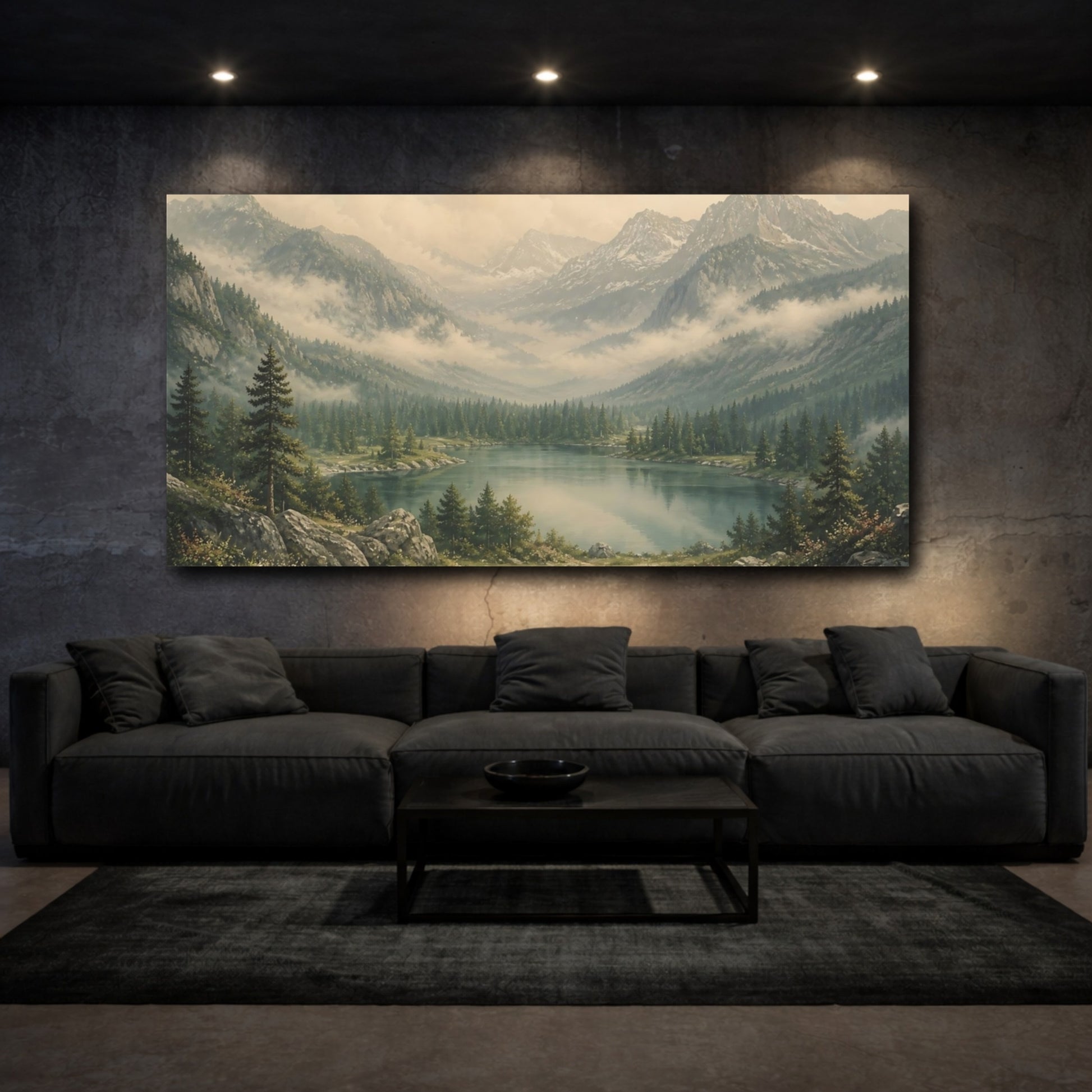 Mockup 3. Nature Mountain Lake Mountain Lake Landscape shown as stretched canvas wall art