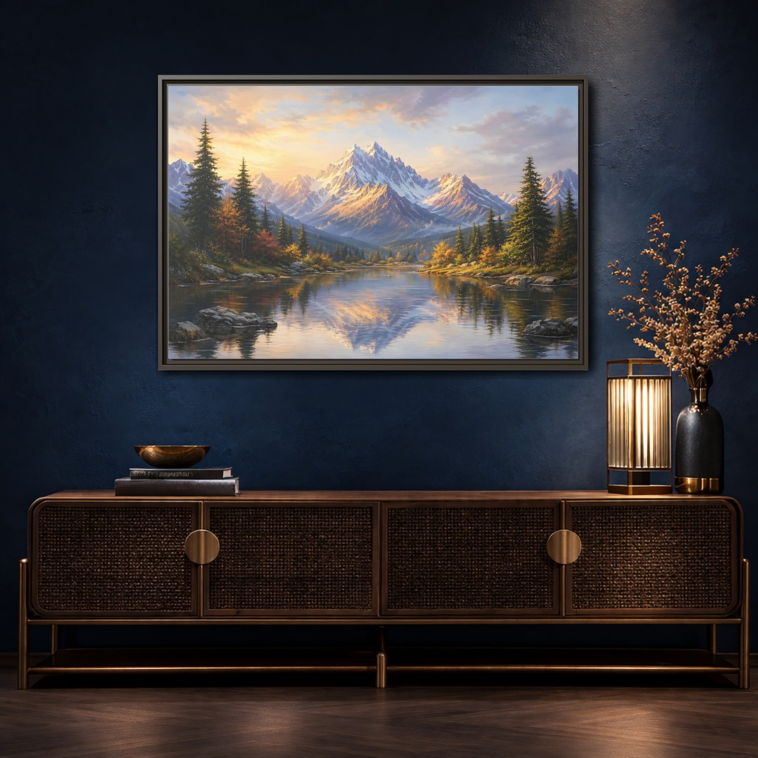 Mockup 4. Nature Mountain Lake Mountain Lake Landscape shown as stretched canvas wall art