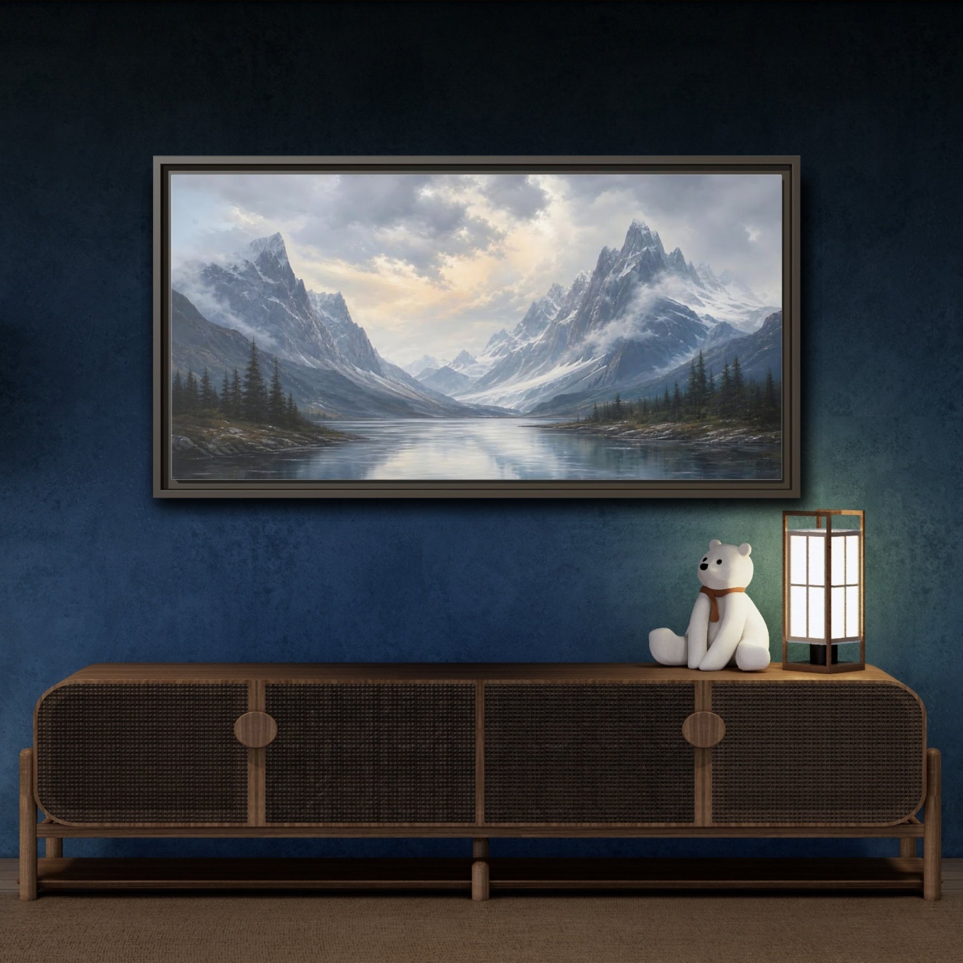Mockup 4. Nature Mountain Lake Mountain Lake Landscape shown as stretched canvas wall art
