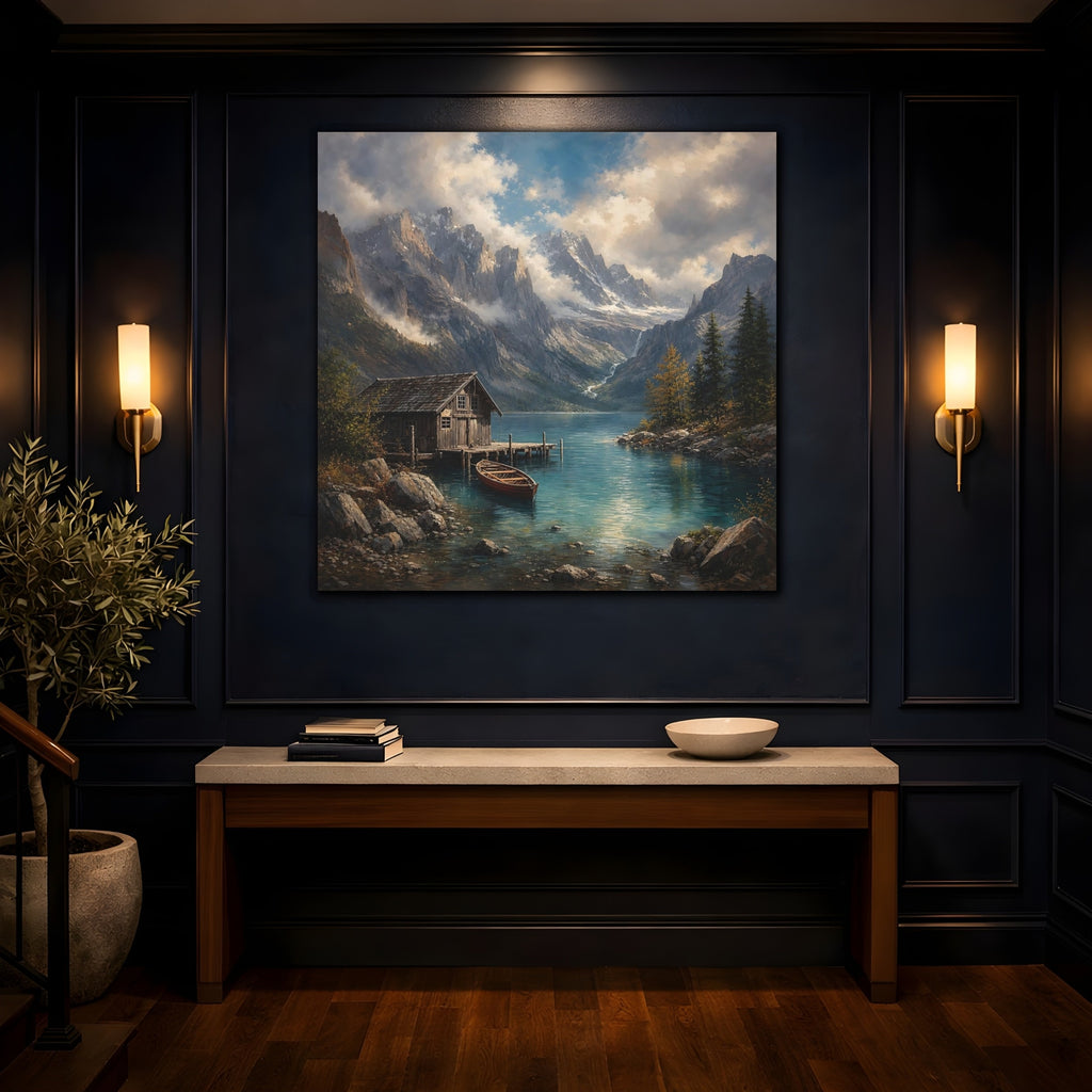Mockup 4. Nature Mountain Lake Mountain Lake Landscape shown as stretched canvas wall art