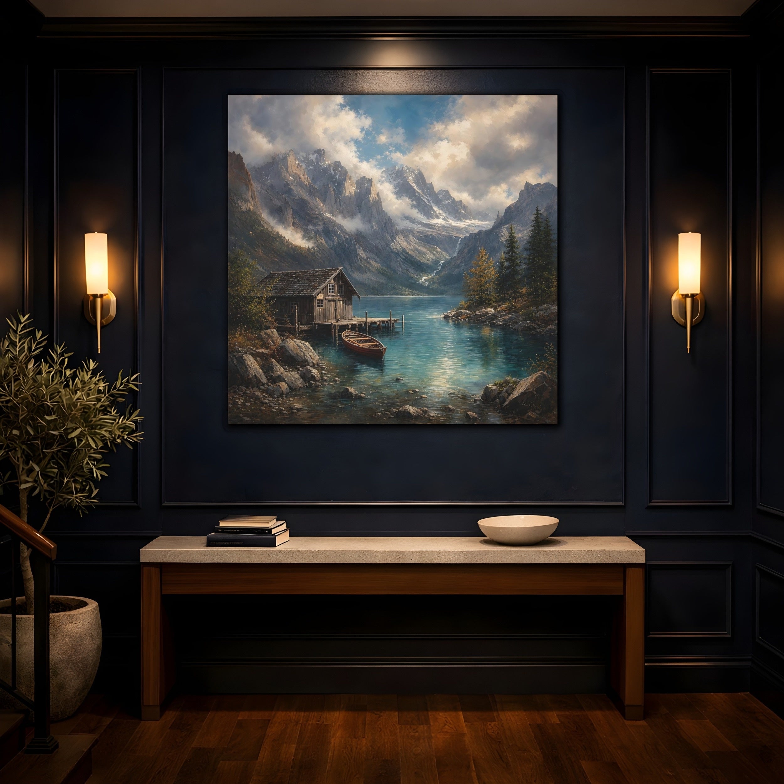 Mockup 4. Nature Mountain Lake Mountain Lake Landscape shown as stretched canvas wall art
