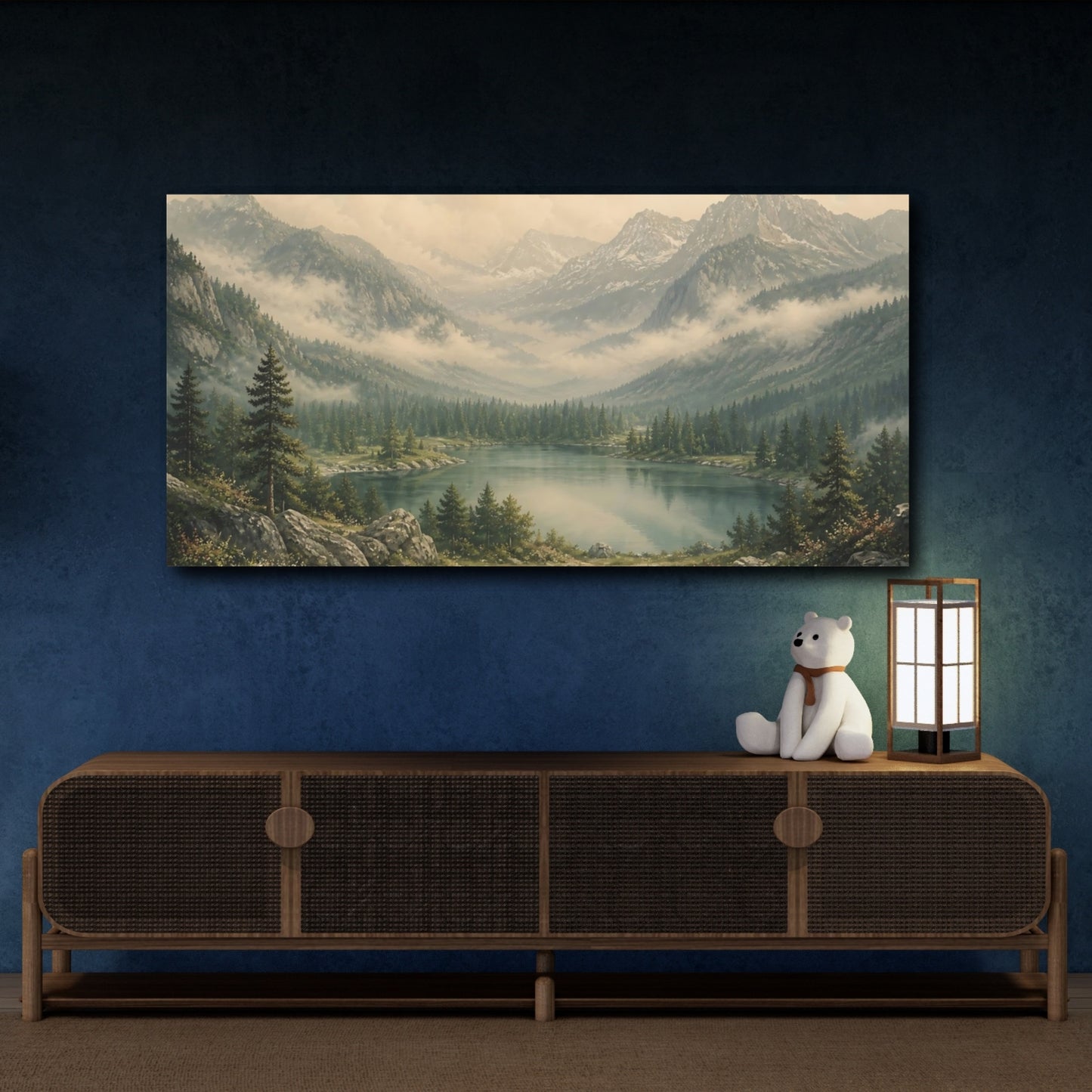 Mockup 4. Nature Mountain Lake Mountain Lake Landscape shown as stretched canvas wall art