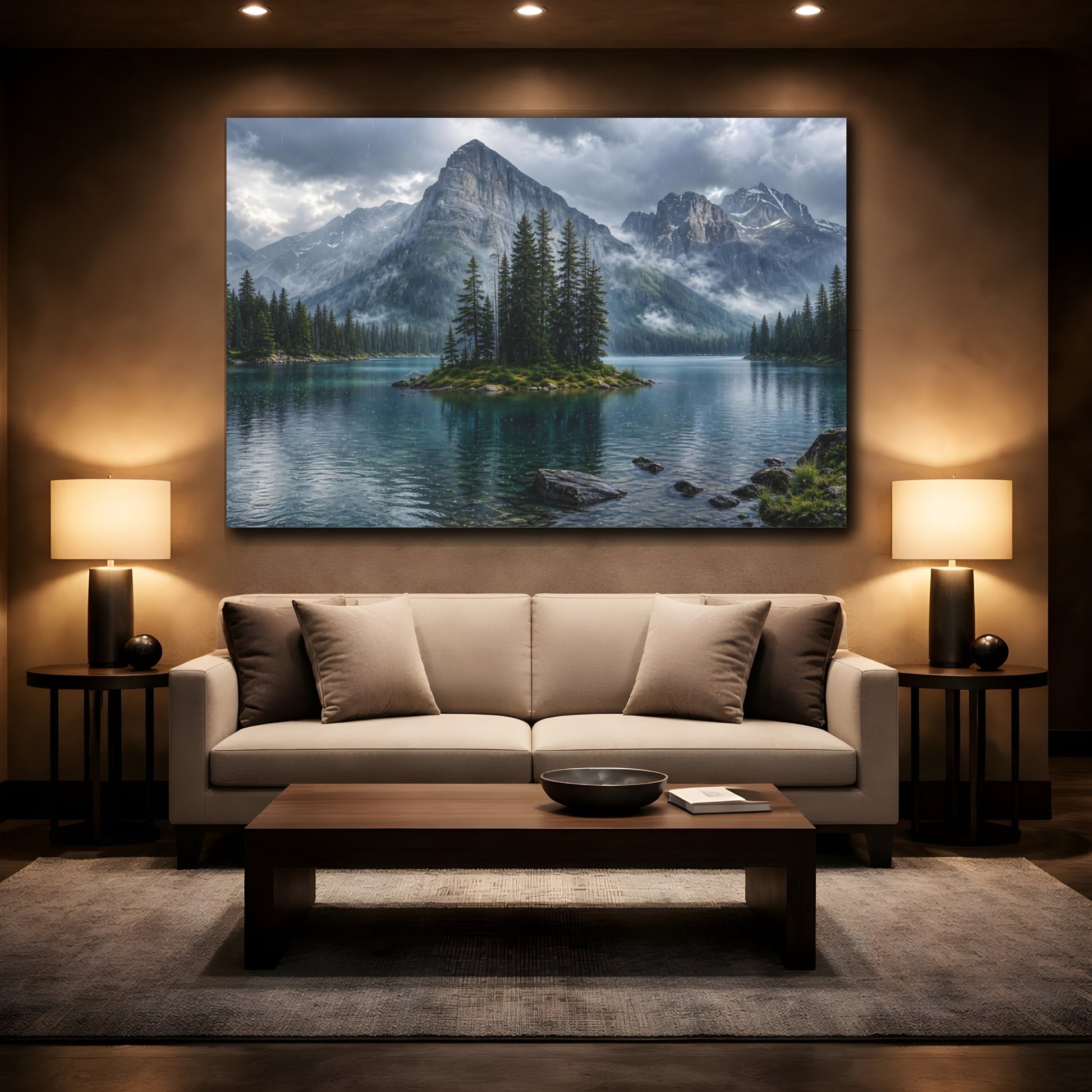 Mockup 2. Nature Mountain Lake Mountain Lake Rainy shown as stretched canvas wall art