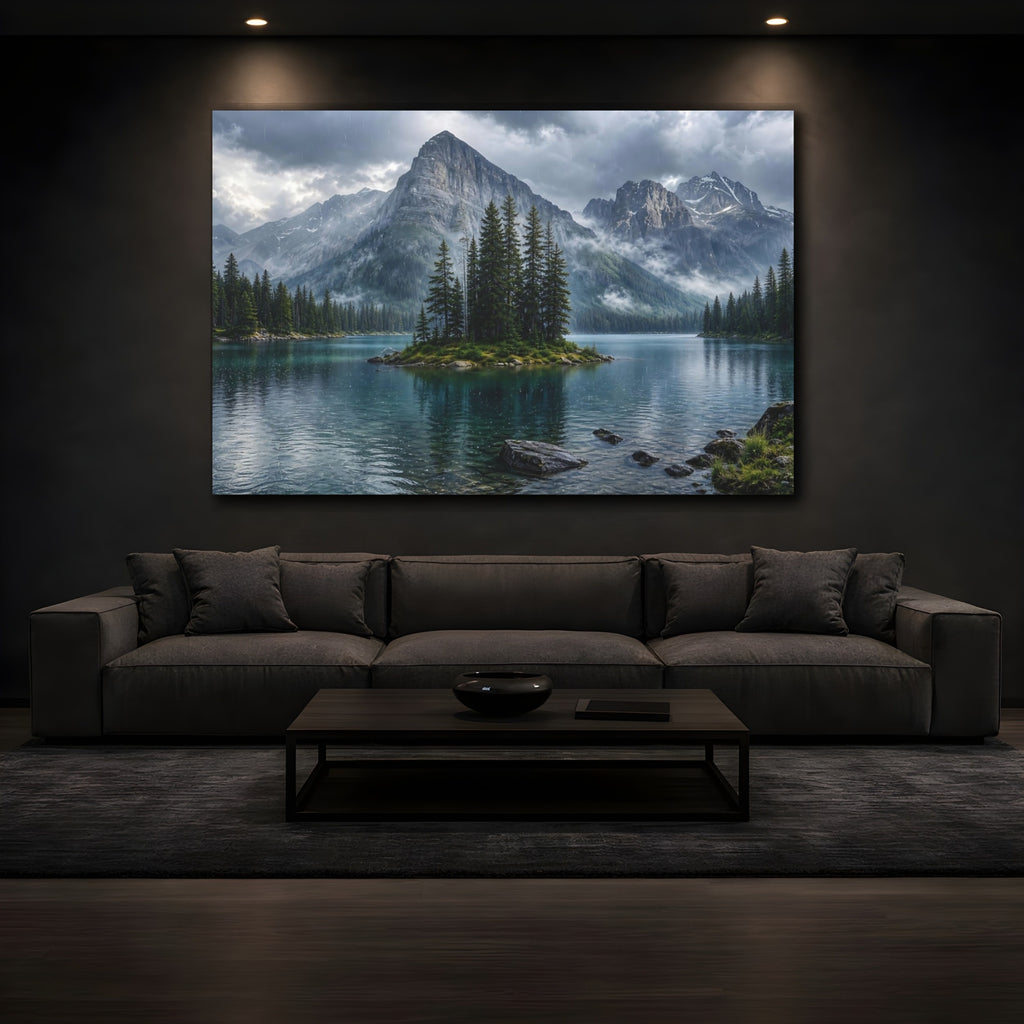 Mockup 3. Nature Mountain Lake Mountain Lake Rainy shown as stretched canvas wall art