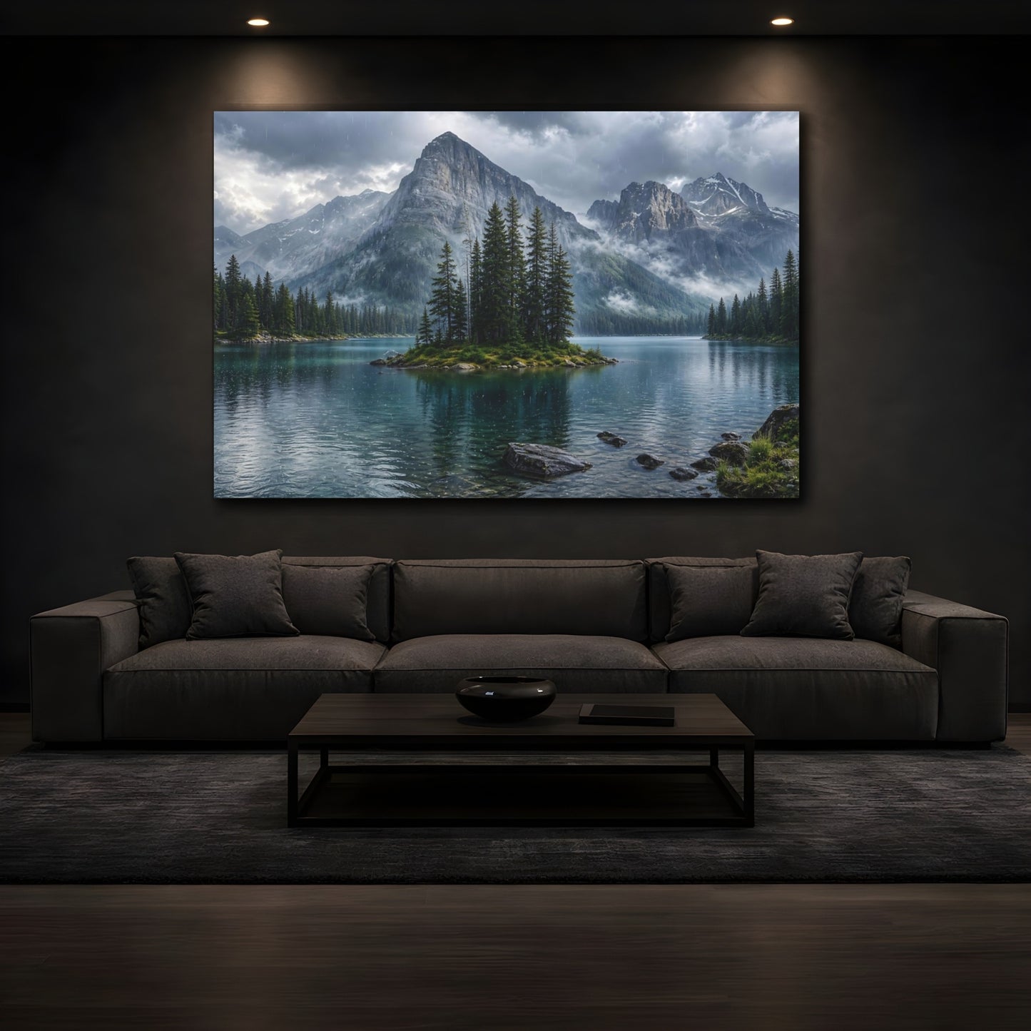 Mockup 3. Nature Mountain Lake Mountain Lake Rainy shown as stretched canvas wall art