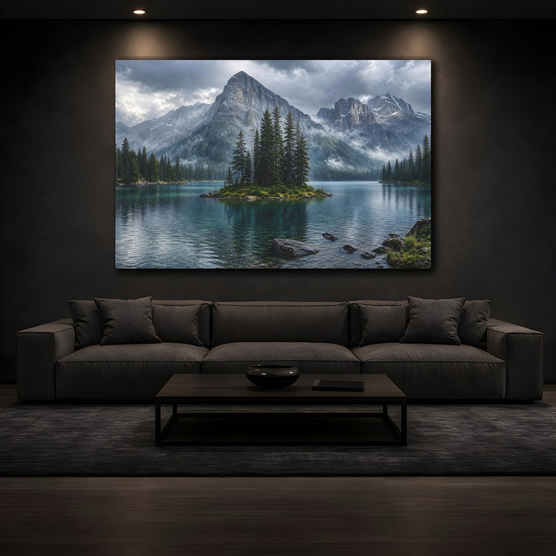 Mockup 3. Nature Mountain Lake Mountain Lake Rainy shown as stretched canvas wall art