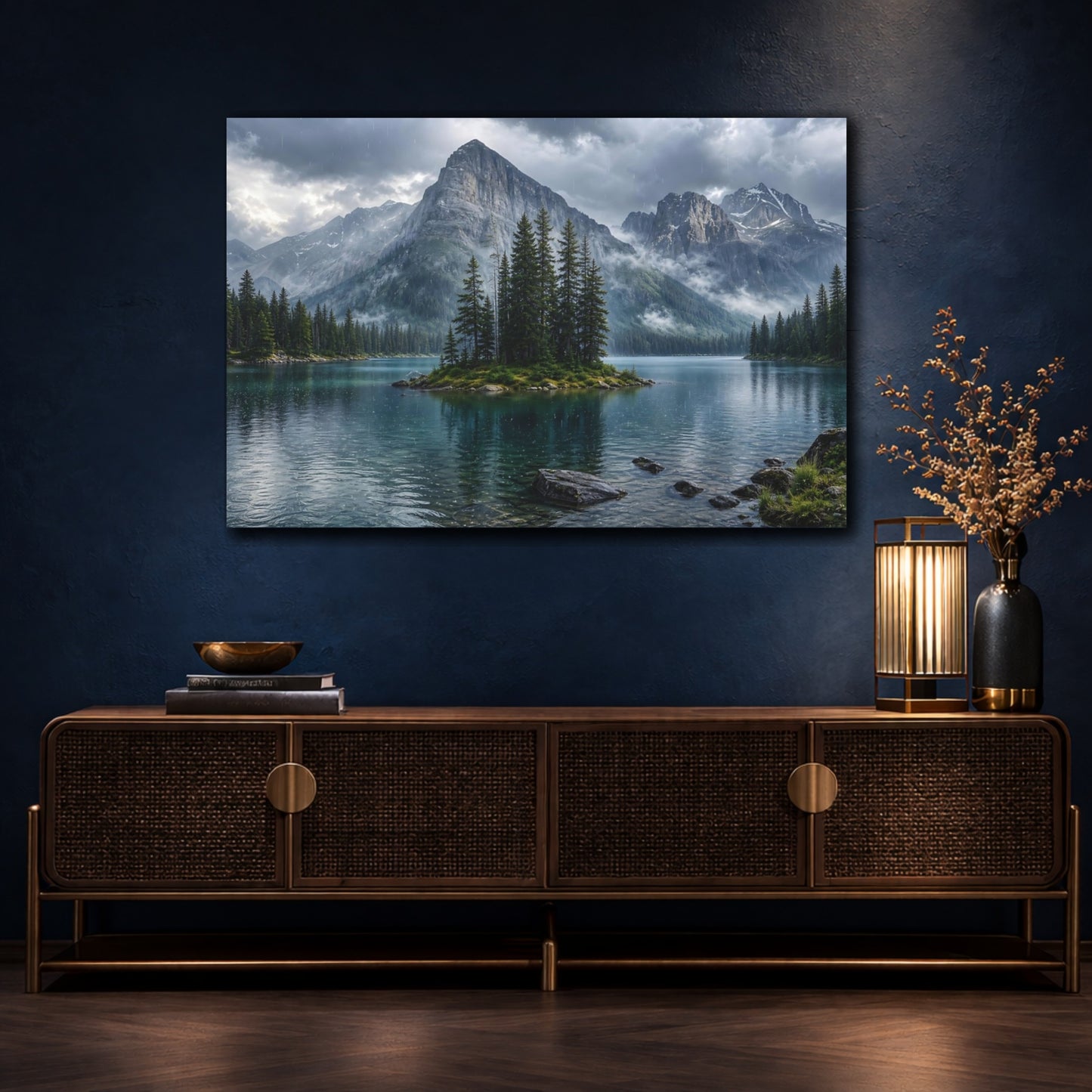Mockup 4. Nature Mountain Lake Mountain Lake Rainy shown as stretched canvas wall art