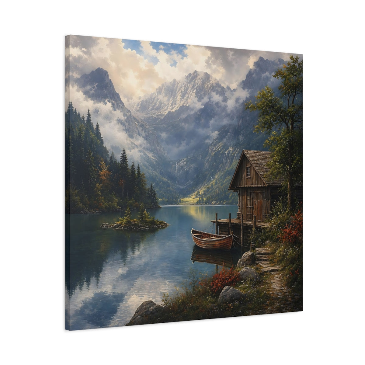 Main Mockup. Nature Mountain Lake Mountain Lake Scene shown as stretched canvas wall art