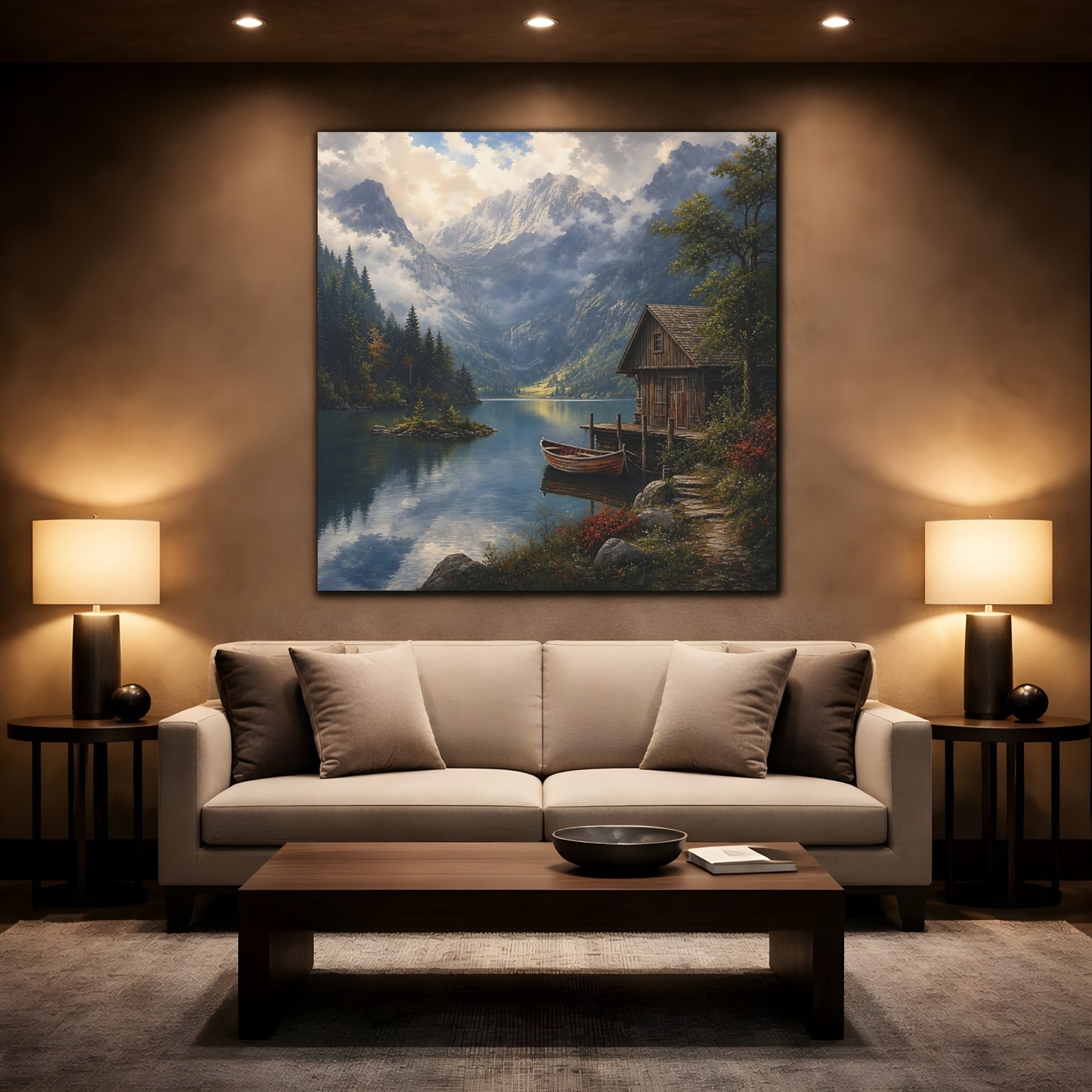 Mockup 2. Nature Mountain Lake Mountain Lake Scene shown as stretched canvas wall art