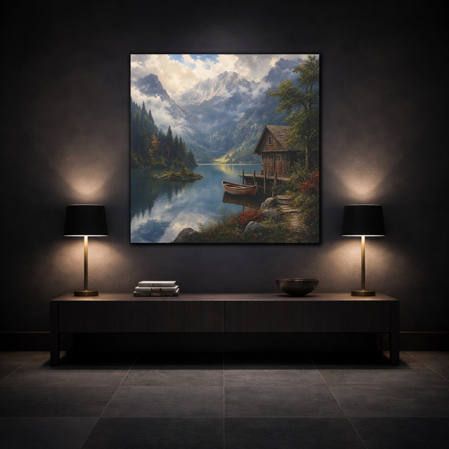 Mockup 3. Nature Mountain Lake Mountain Lake Scene shown as stretched canvas wall art