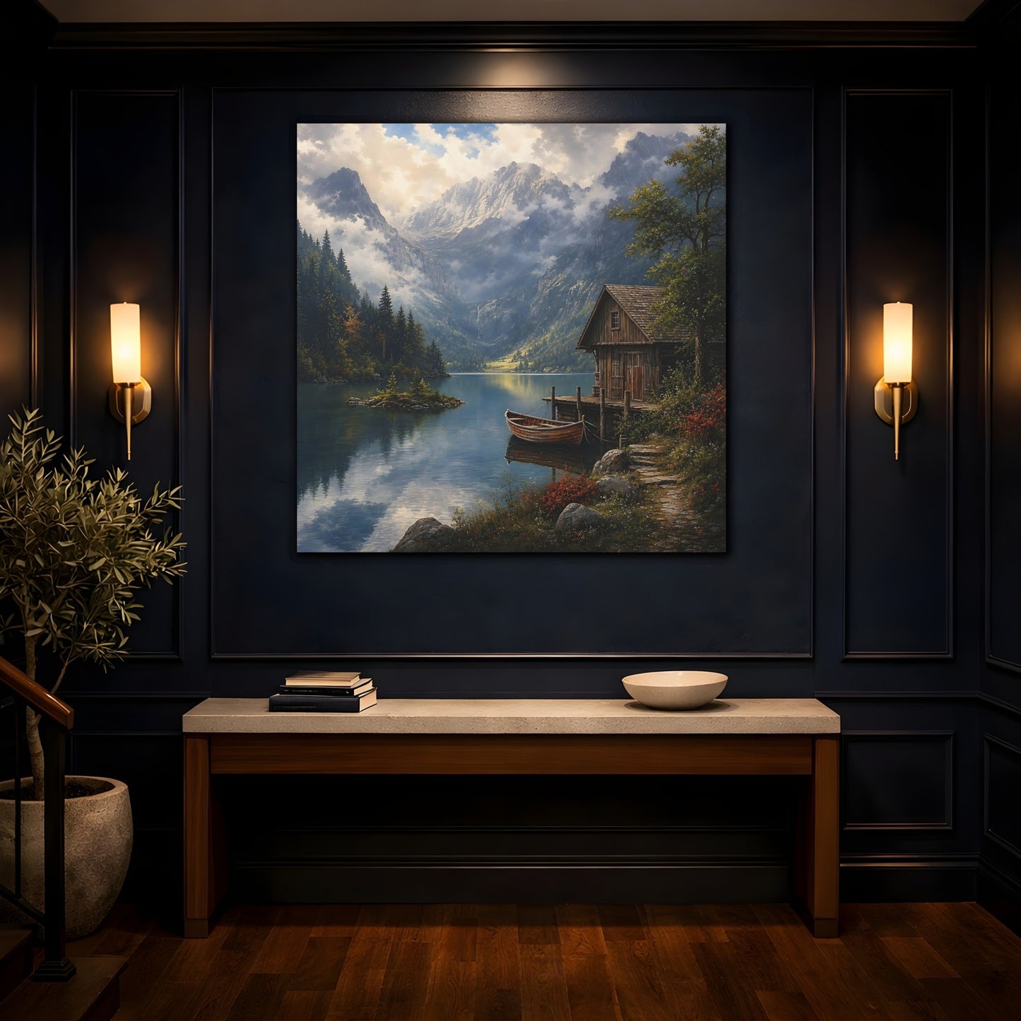 Mockup 4. Nature Mountain Lake Mountain Lake Scene shown as stretched canvas wall art