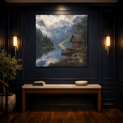 Mockup 4. Nature Mountain Lake Mountain Lake Scene shown as stretched canvas wall art