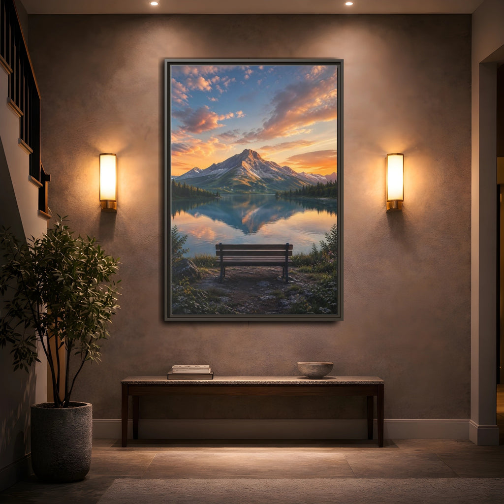 Mockup 2. Nature Mountain Lake Mountain Lake Sunset shown as stretched canvas wall art
