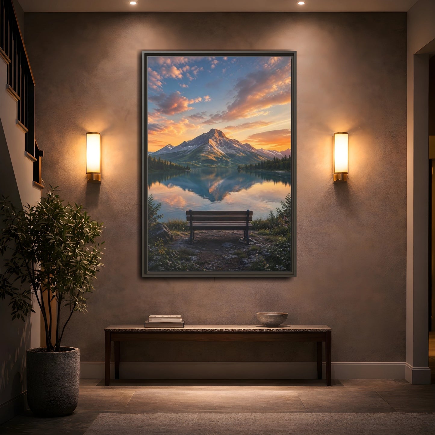 Nature Mountain Lake Sunset Framed Canvas Wall Art - Realistic Living Room Above Couch shown as canvas wall art