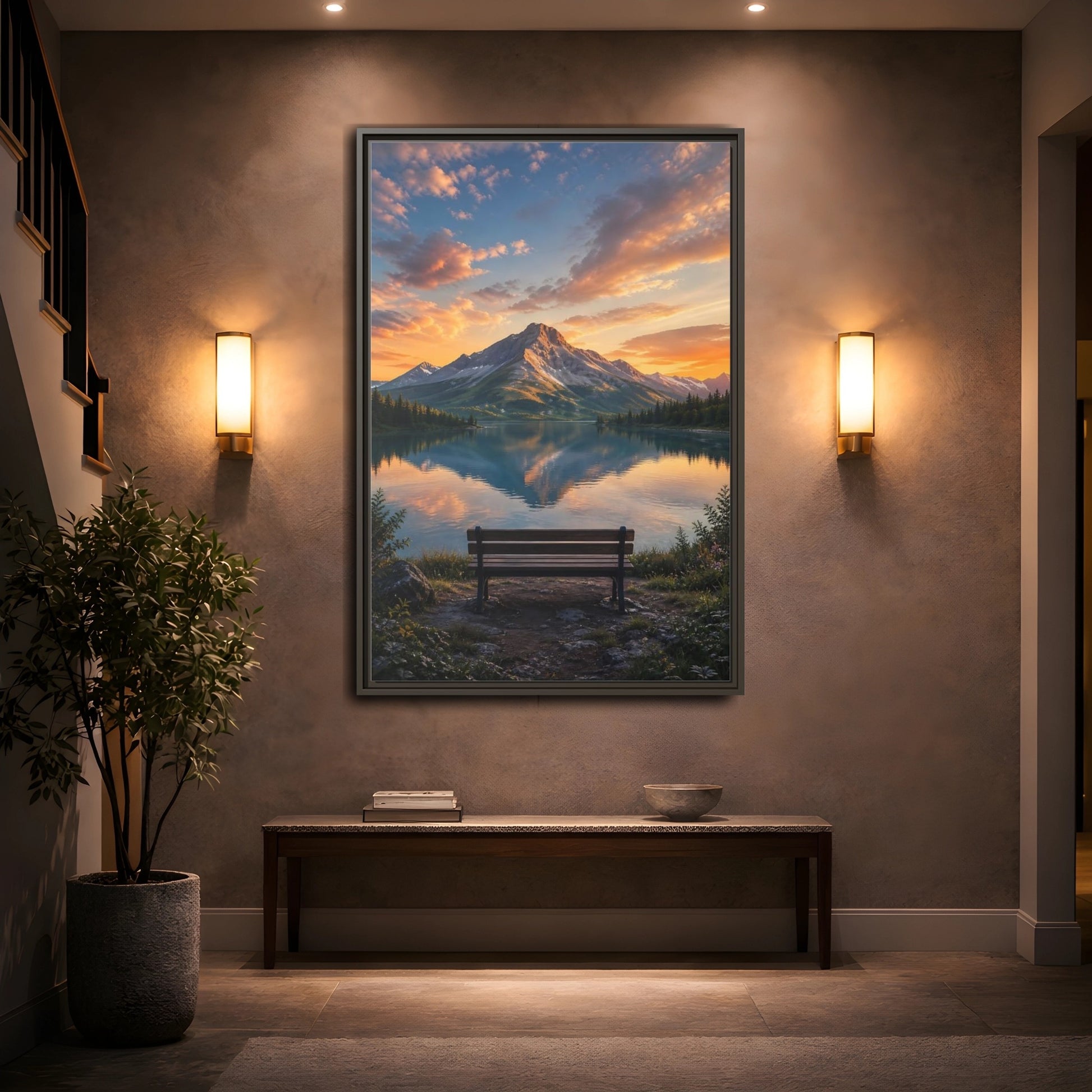 Nature Mountain Lake Sunset Framed Canvas Wall Art - Realistic Living Room Above Couch shown as canvas wall art