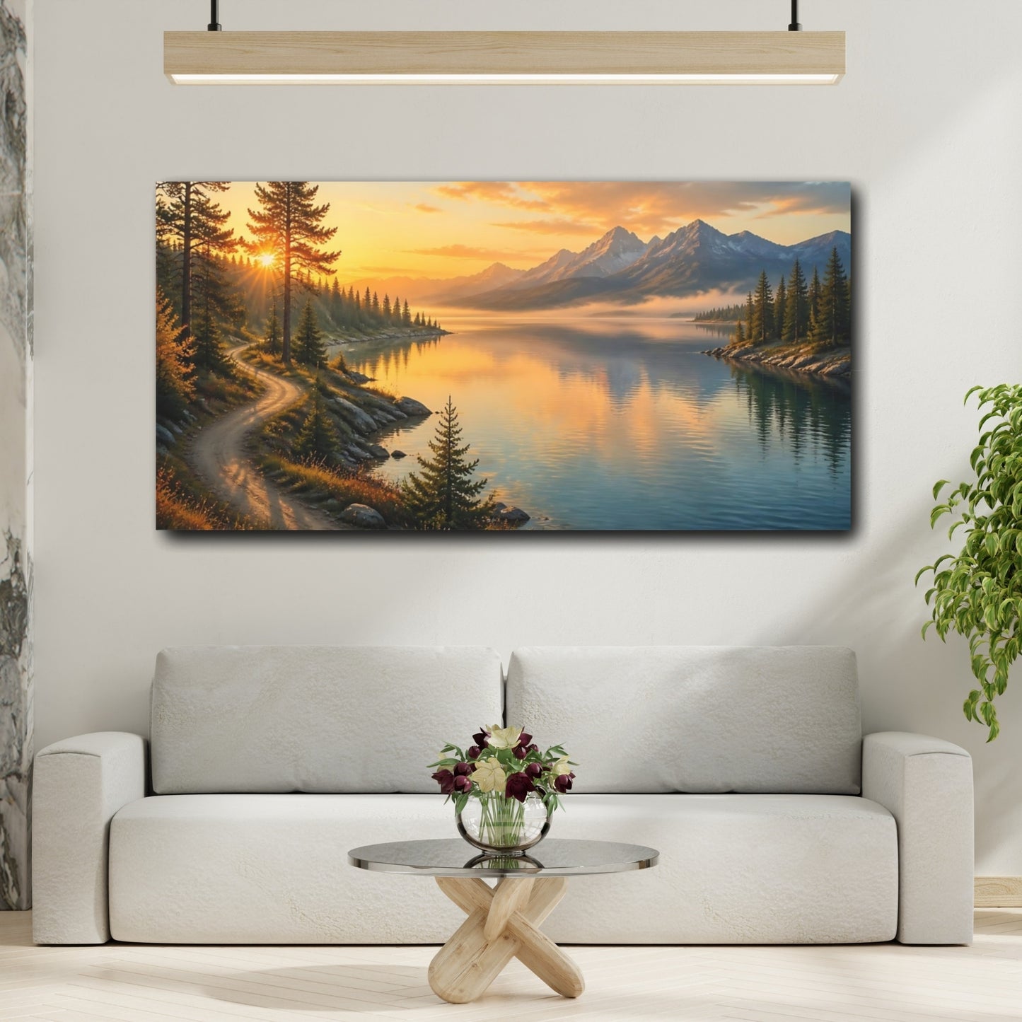 Mockup 2. Nature Mountain Lake Mountain Lake Sunset shown as stretched canvas wall art