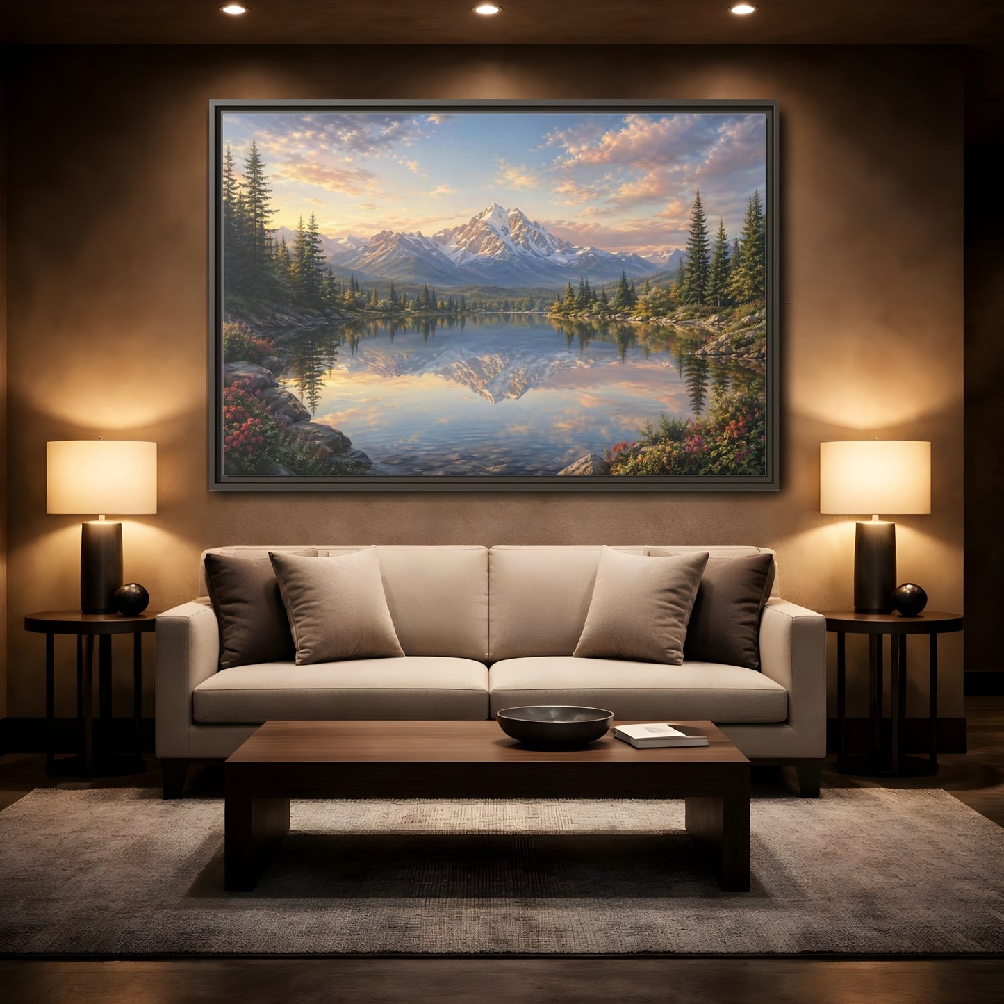 Mockup 2. Nature Mountain Lake Mountain Lake Sunset shown as stretched canvas wall art