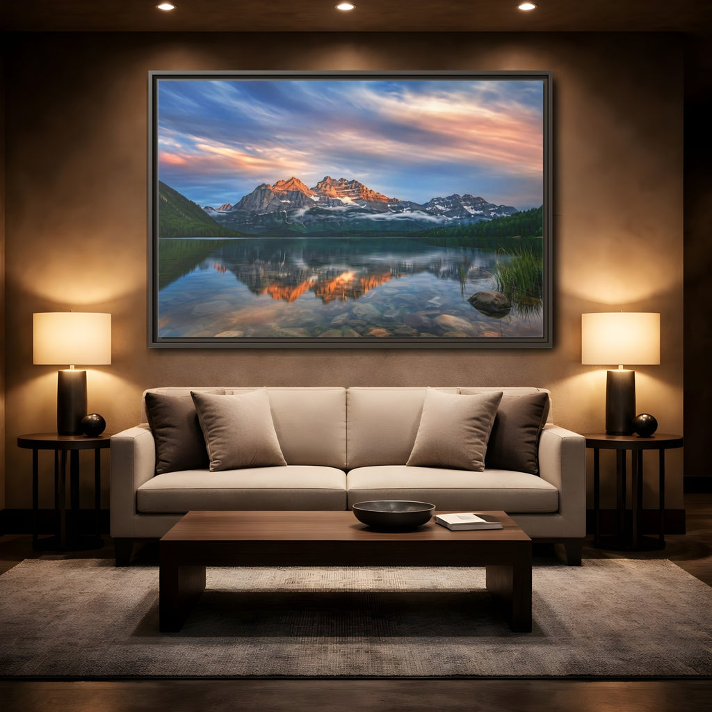 Mockup 2. Nature Mountain Lake Mountain Lake Sunset shown as stretched canvas wall art