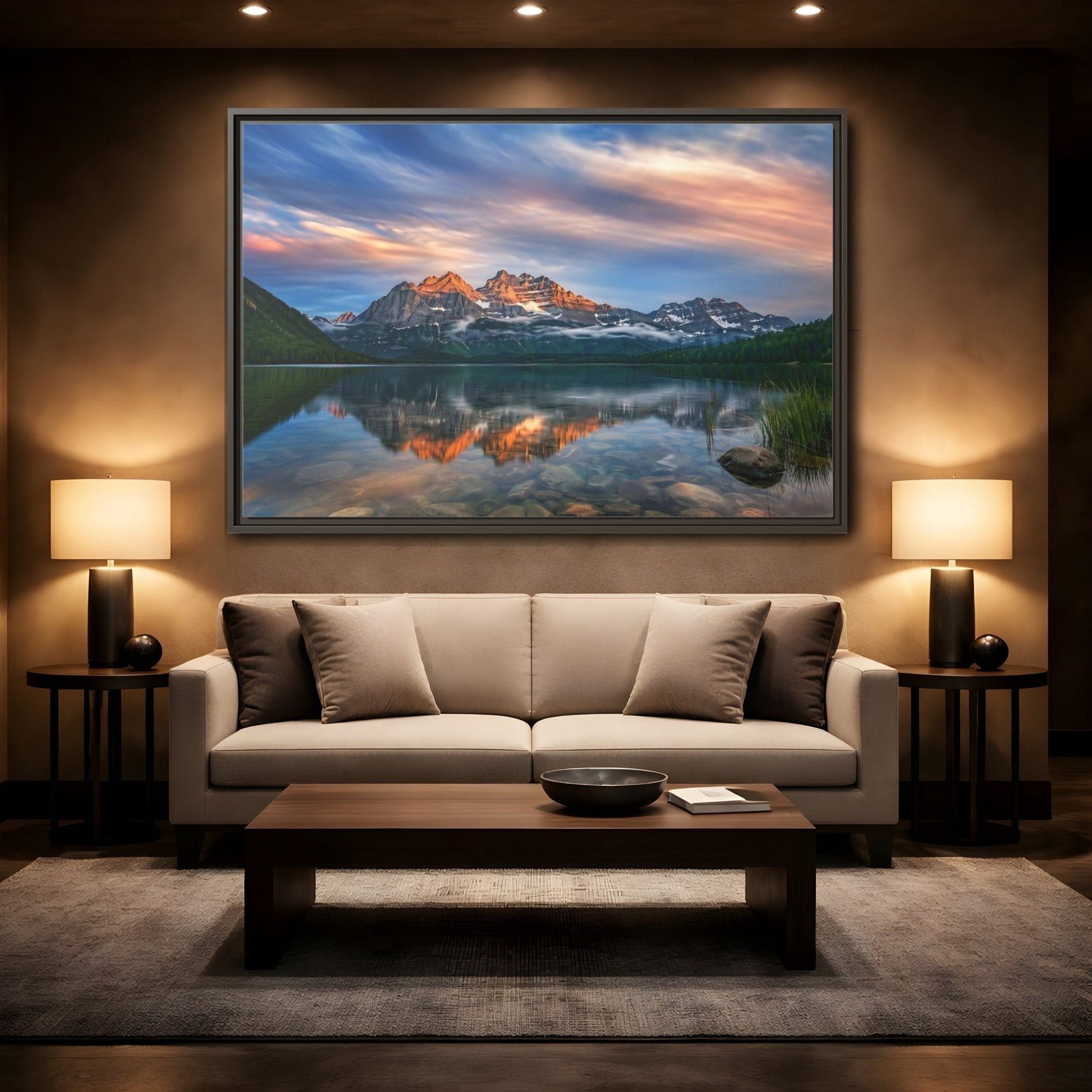 Mockup 2. Nature Mountain Lake Mountain Lake Sunset shown as stretched canvas wall art