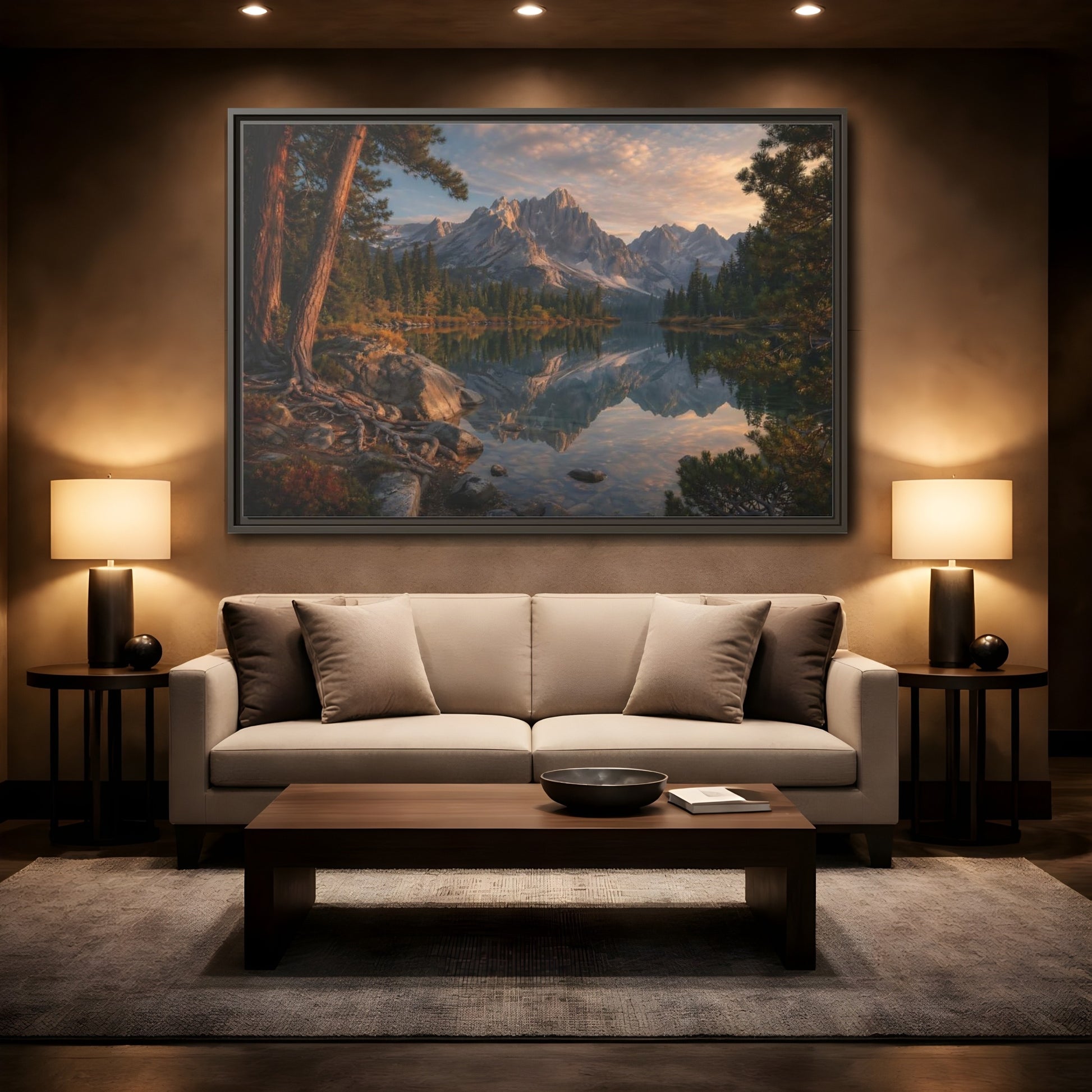 Mockup 2. Nature Mountain Lake Mountain Lake Sunset shown as stretched canvas wall art